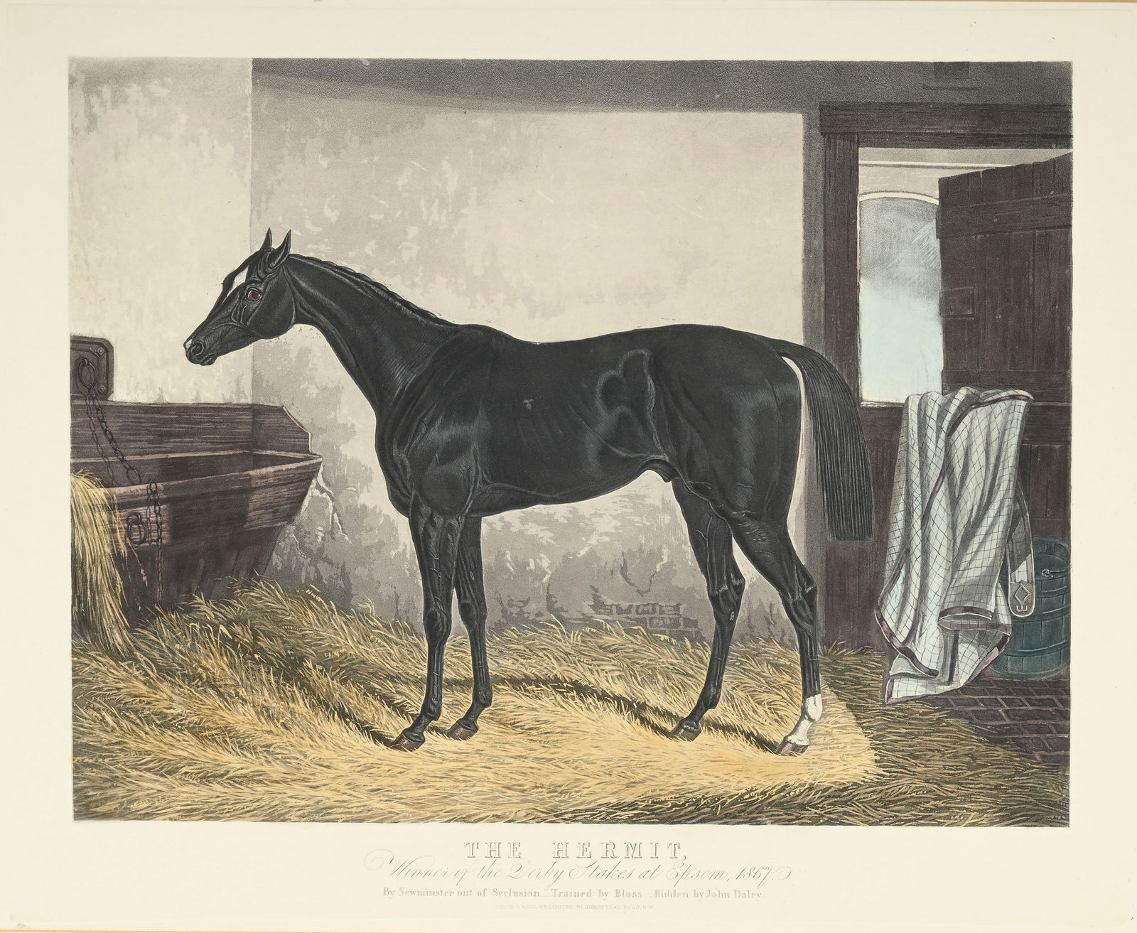 Ecole anglaise du XIXe s., Chevaux de course, suite de 5 gravures couleur comprenant: \- "The Hermi: Ecole anglaise du XIXe s., Chevaux de course, suite de 5 gravures couleur comprenant: - "The Hermit", 46,5x57,5 cm - "Interior of a stable", 53x66 cm (à vue) - "Eclipse", 25x35 cm - "Lurcher by