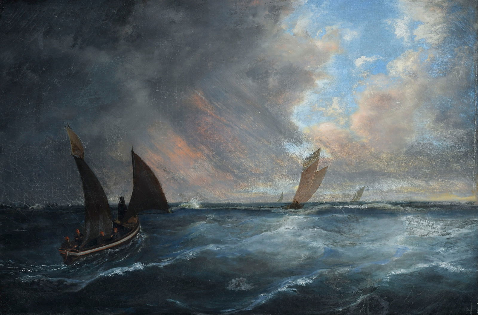 Ecole anglaise du XIXe s., Voiliers par temps orageux, huile sur toile, 54x82 cm: Ecole anglaise du XIXe s., Voiliers par temps orageux, huile sur toile, 54x82 cm