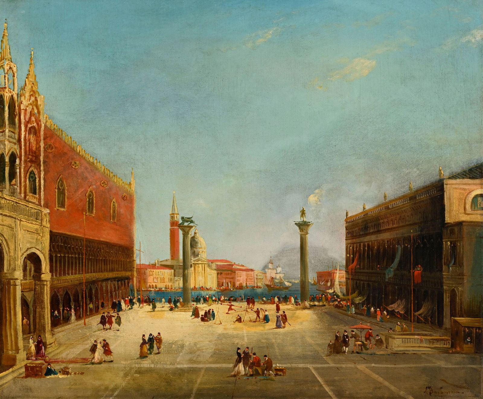 Alfred August Bachmann (1863-1956), Place Saint-Marc animée, huile sur toile, signée, 56,5: Alfred August Bachmann (1863-1956), Place Saint-Marc animée, huile sur toile, signée, 56,5x67 cm Condition Présence d'un petit empiècement au verso