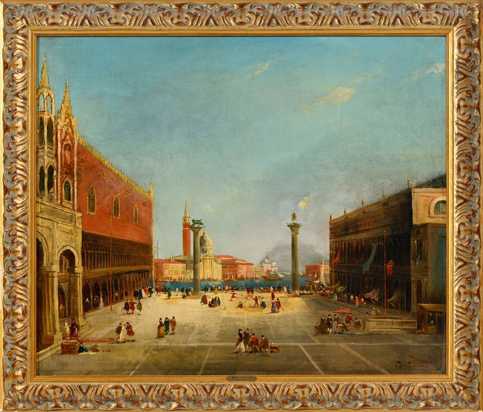 Alfred August Bachmann (1863-1956), Place Saint-Marc animée, huile sur toile, signée, 56,5 - 2