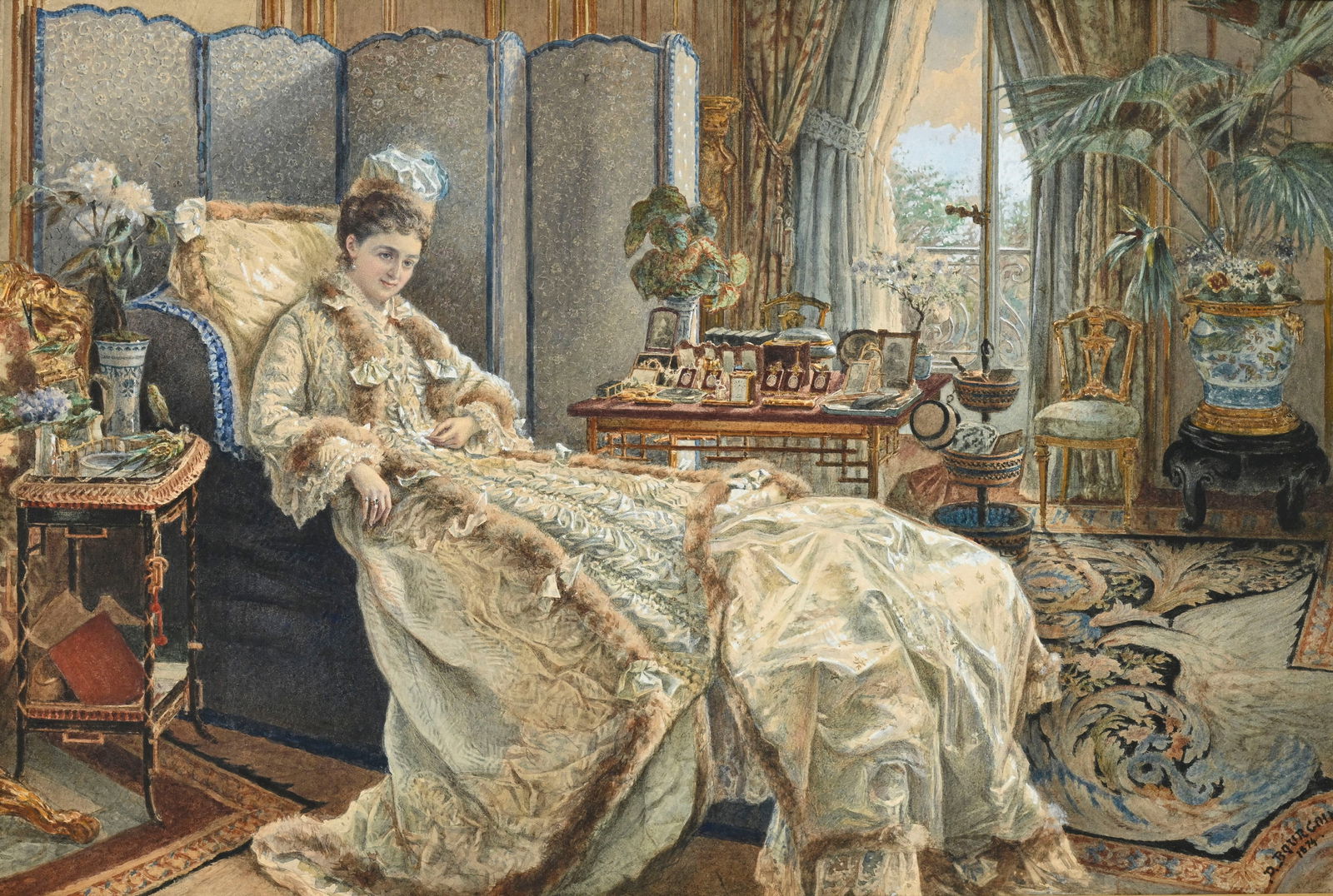 Marie Désiré Bourgoin (1839-1912), "Portrait de la Princesse Marie de Ligne Duchesse de Bi: Marie Désiré Bourgoin (1839-1912), "Portrait de la Princesse Marie de Ligne Duchesse de Bissacia (1843-1898)", 1874, aquarelle sur papier, signée et datée, 37,5x55 cm (à vue) 