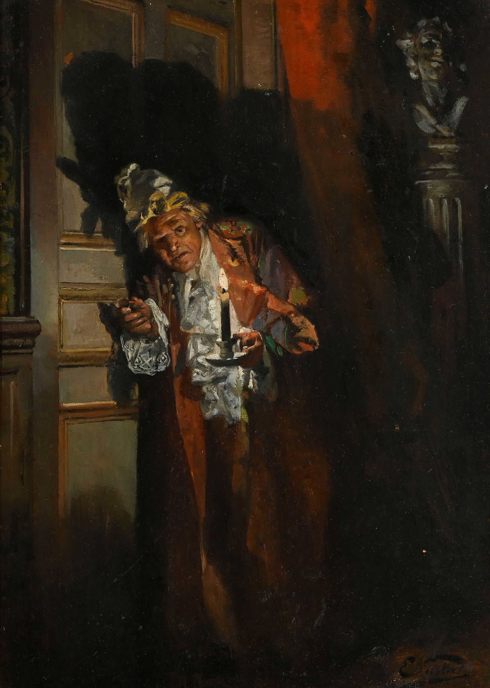 Édouard Castres (1838-1902), La visite nocturne, huile sur panneau, signée, 31,5x22 cm: Édouard Castres (1838-1902), La visite nocturne, huile sur panneau, signée, 31,5x22 cm 