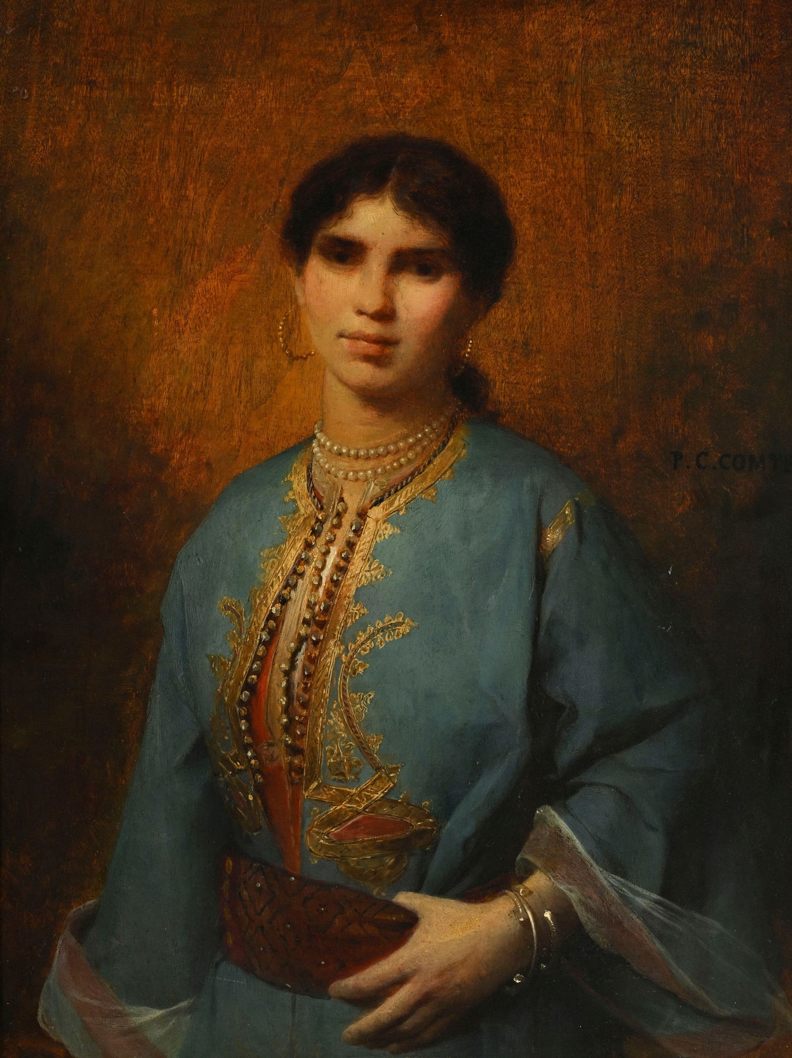 Pierre Charles Comte (1823-1895), Femme orientale, huile sur panneau, signée, 42,5x32 cm A: Pierre Charles Comte (1823-1895), Femme orientale, huile sur panneau, signée, 42,5x32 cm Au verso: étiquette de la Galerie Neupert, Zurich, no. 804 