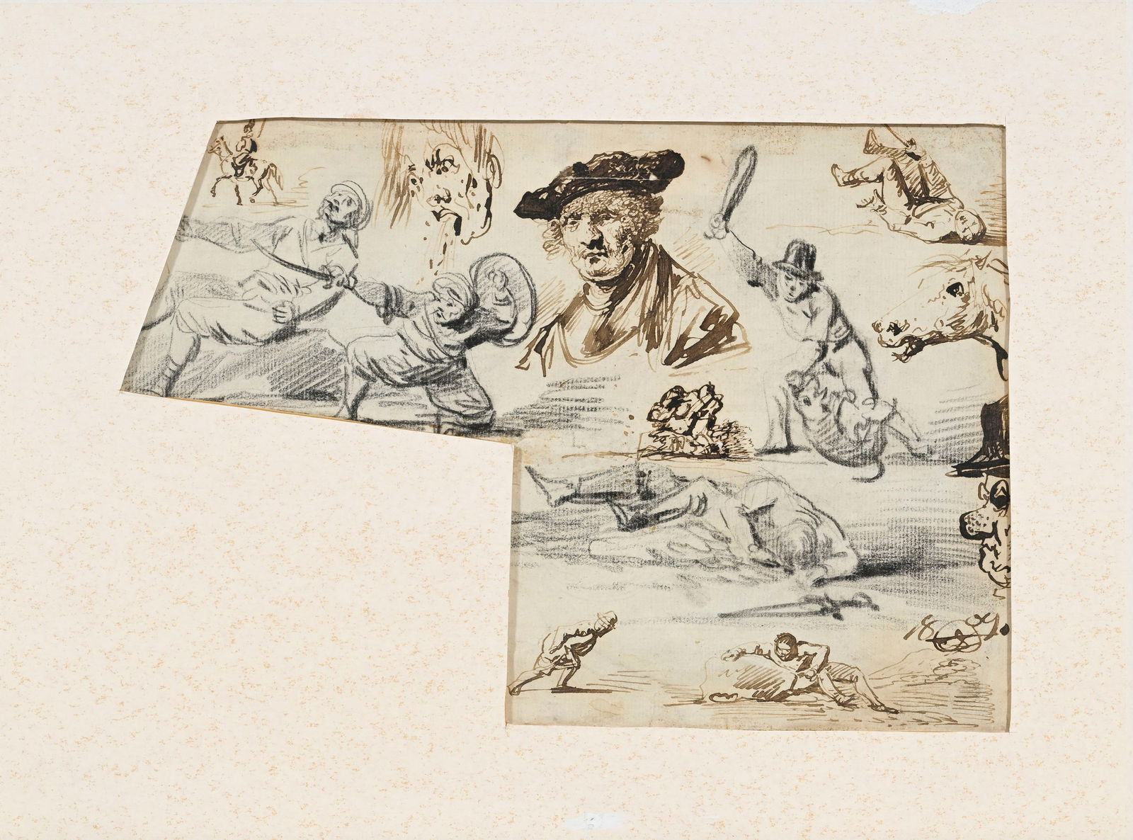 Ecole européenne du XIXe s., Etude de personnages et d'animaux, 1809, encre et pierre noire sur: Ecole européenne du XIXe s., Etude de personnages et d'animaux, 1809, encre et pierre noire sur papier, monogrammée et datée, 20x30 cm (à vue) 