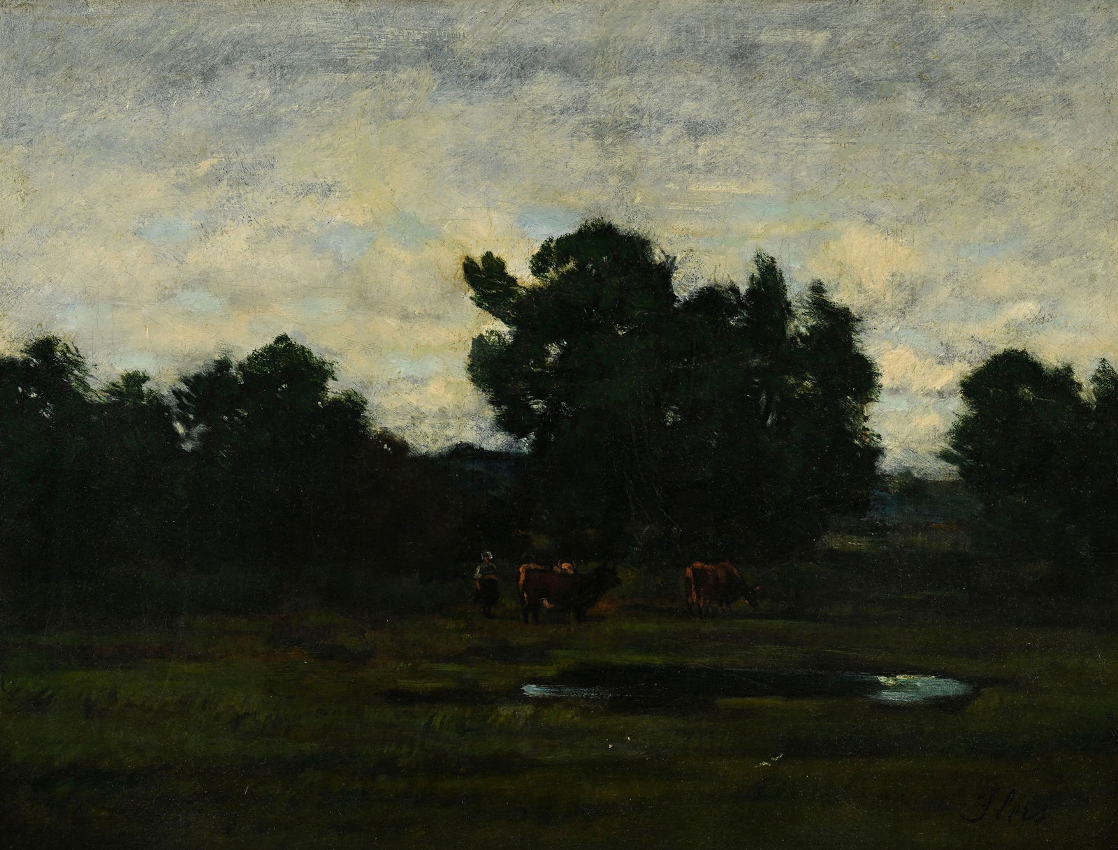 Camille Flers (1802-1868), Paysage animé, huile sur toile, signée, 27,5x35,5 cm: Camille Flers (1802-1868), Paysage animé, huile sur toile, signée, 27,5x35,5 cm Condition Présence de retouches