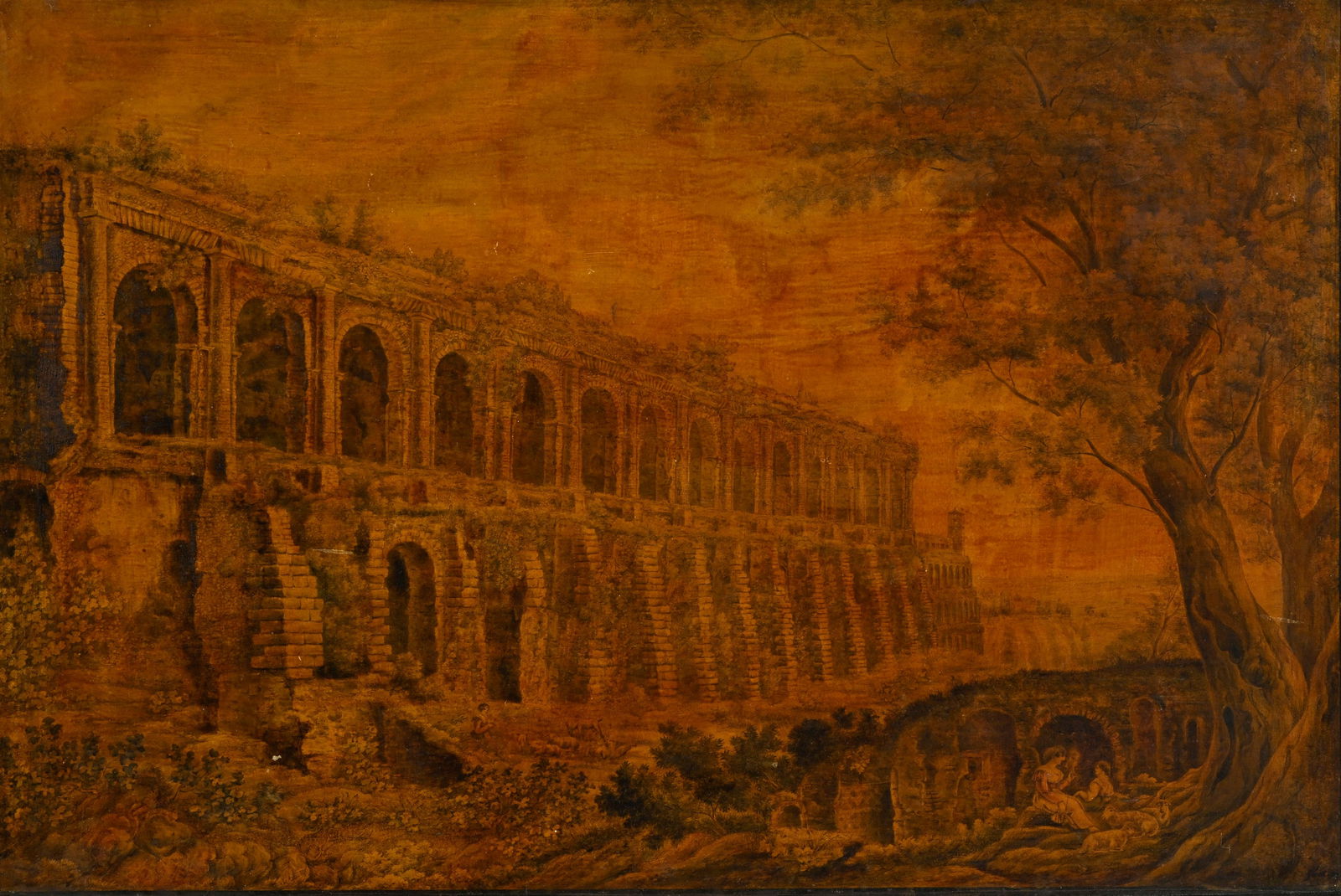Th. Glock (XVIII-XIX), "Die Villa des Maecenas zu Tivoli", 1812, aquarelle et encre sur papier marou: Th. Glock (XVIII-XIX), "Die Villa des Maecenas zu Tivoli", 1812, aquarelle et encre sur papier marouflé sur toile, signée, datée et titrée au verso, 71x105 cm ConditionOxydation