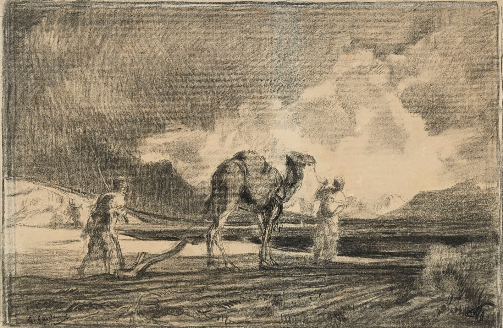 Gustave Guillaumet (1840-1887), Scène agricole en Afrique du Nord, fusain sur papier, signé: Gustave Guillaumet (1840-1887), Scène agricole en Afrique du Nord, fusain sur papier, signé, 36x54,5 cm