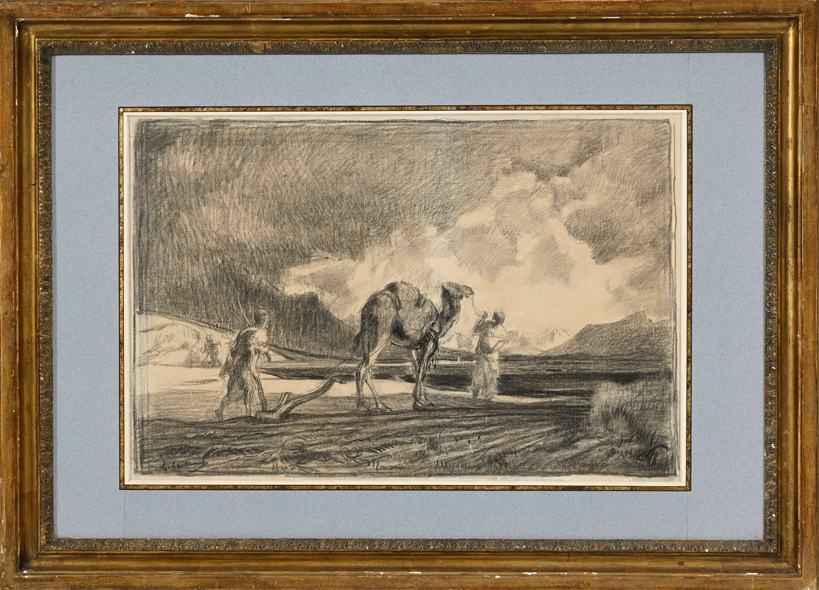 Gustave Guillaumet (1840-1887), Scène agricole en Afrique du Nord, fusain sur papier, signé - 2