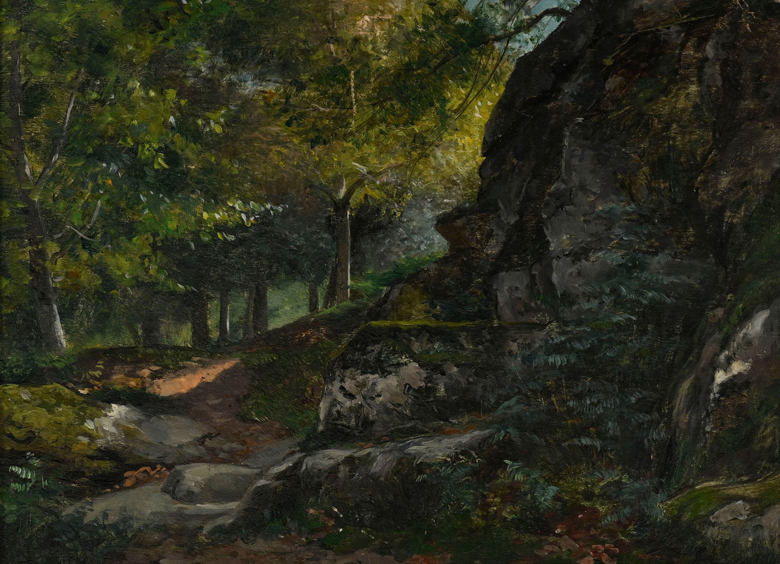 Ernest Victor Hareux (1847-1909), Sous-bois, huile sur panneau, signée, 26,5x35,5 cm Prove: Ernest Victor Hareux (1847-1909), Sous-bois, huile sur panneau, signée, 26,5x35,5 cm Provenance: Collection Louis Vionnet, acquis depuis au moins les années 1950, puis resté dans la fam