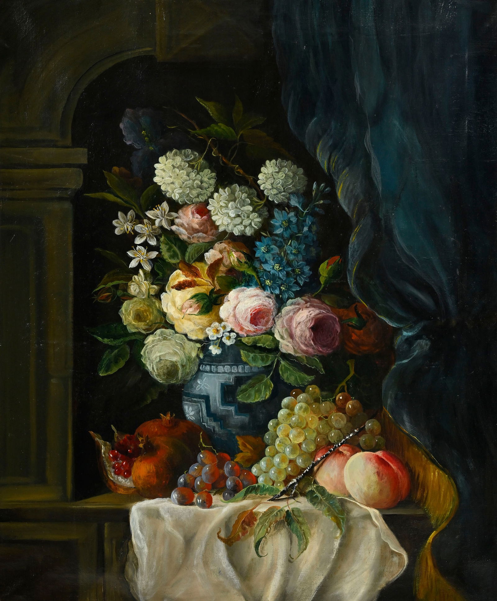 Ecole hollandaise, suiveur de, Nature morte aux fleurs et aux fruits, XIXe s., huile sur toile, 65x5: Ecole hollandaise, suiveur de, Nature morte aux fleurs et aux fruits, XIXe s., huile sur toile, 65x54 cm Condition Présence de plusieurs empiècements au verso