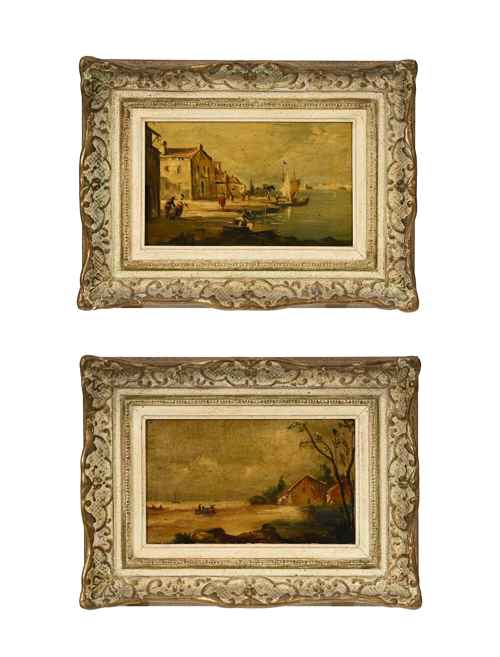 Ecole italienne du XIXe s., _Paysages animés,_ paire d'huiles sur papier marouflé sur toil (1 of 9)