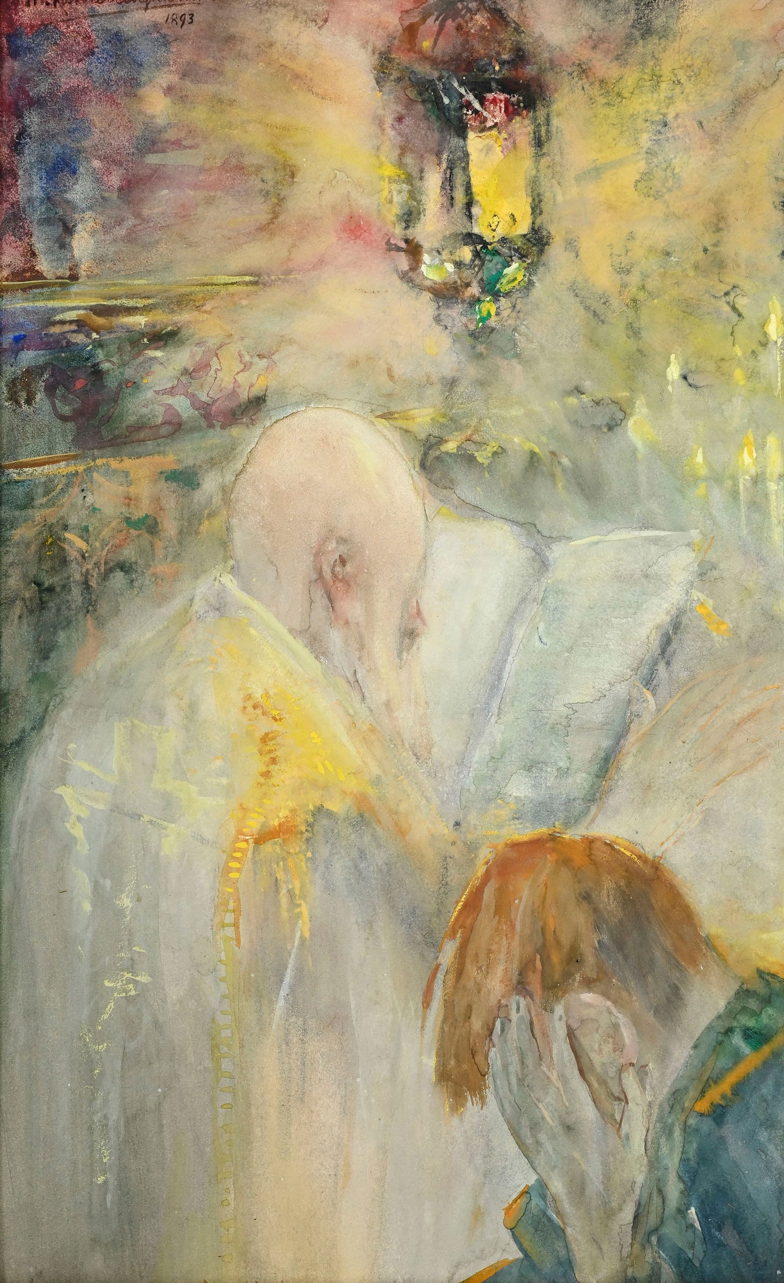 Menso Kamerlingh Onnes (1860-1925), "Consolation", 1893, aquarelle et tempera sur papier, signé: Menso Kamerlingh Onnes (1860-1925), "Consolation", 1893, aquarelle et tempera sur papier, signée et datée, 54x33,5 cm (à vue) Provenance: Galerie Michael Hansenclever, Munich;