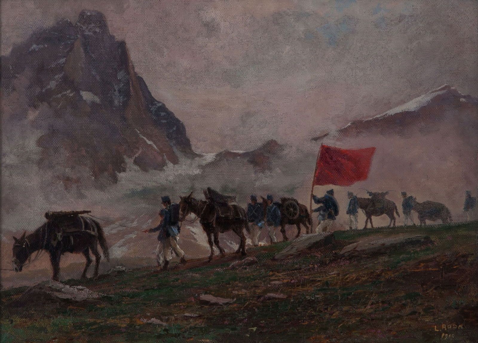 Leonardo Roda (1868-1933), Troupe d'artillerie dans les Alpes, 1910, huile sur toile, signée et: Leonardo Roda (1868-1933), Troupe d'artillerie dans les Alpes, 1910, huile sur toile, signée et datée, 44x35 cm 