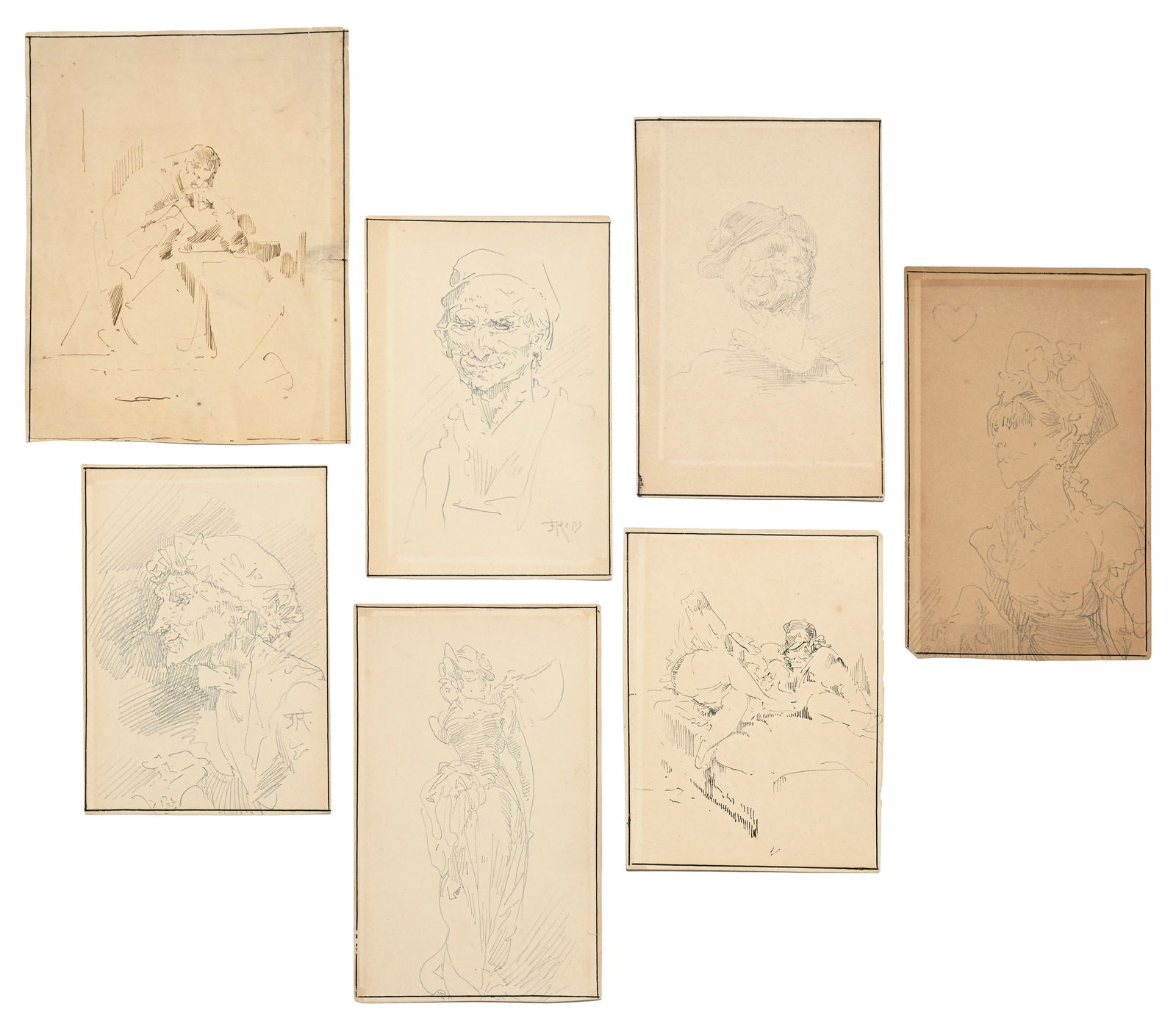 Félicien Rops (1833-1898), Etudes de personnages, ensemble de 7 dessins, crayon et plume sur pa: Félicien Rops (1833-1898), Etudes de personnages, ensemble de 7 dessins, crayon et plume sur papier, un signé et un monogrammé, de 13x9 à 15,5x12 cm 