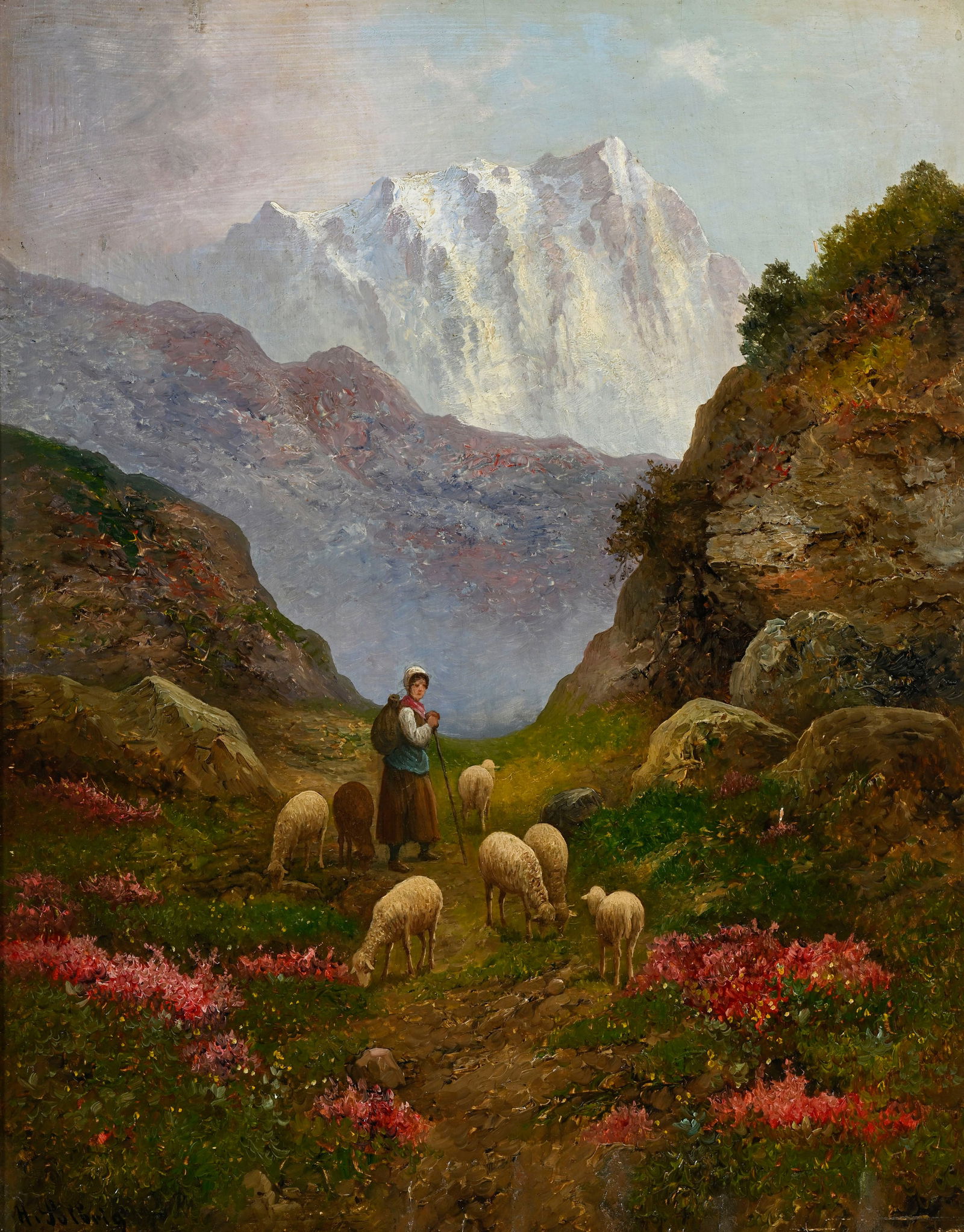 Herman Solbrig (1853-1942), Bergère et ses moutons, huile sur panneau, signée, située (1 of 5)