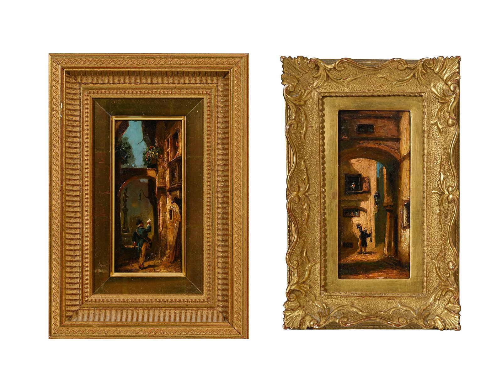 Carl Spitzweg (1808-1885), école de, Vues de ruelles animées, suite de 2 huiles sur pannea: Carl Spitzweg (1808-1885), école de, Vues de ruelles animées, suite de 2 huiles sur panneau, 18,5x9,5 et 19x8 cm