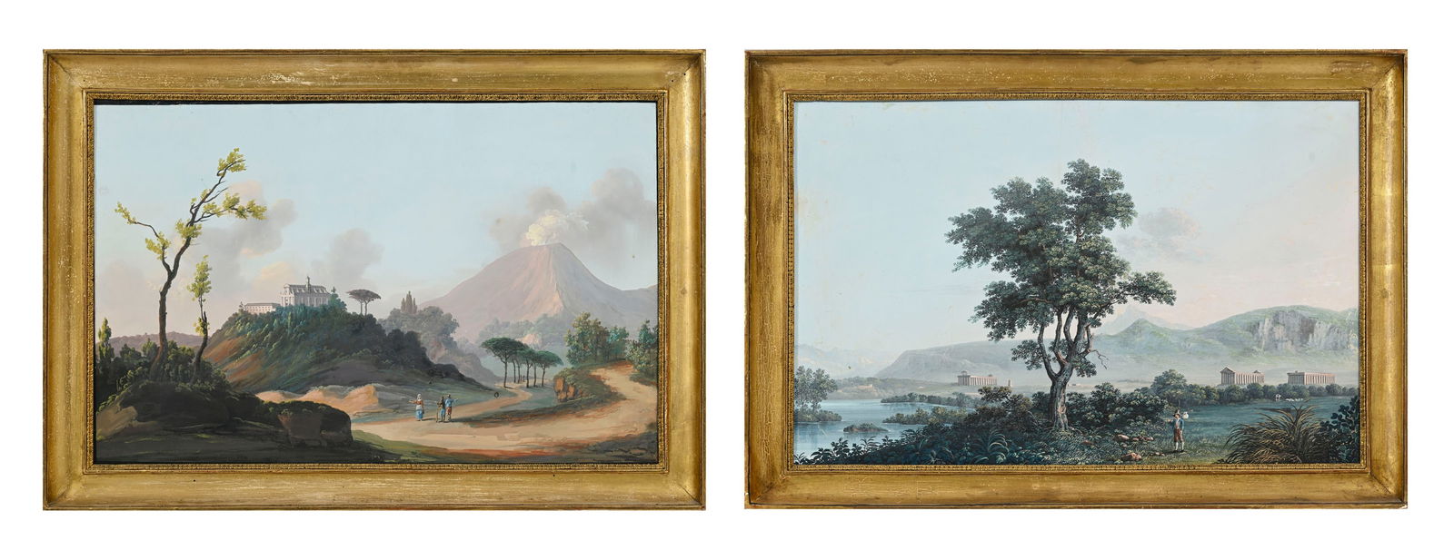 Ecole napolitaine de la première partie du XIXe s., "Camaldoli di Torre del Greco Paestum", pai: Ecole napolitaine de la première partie du XIXe s., "Camaldoli di Torre del Greco Paestum", paire de gouaches, titrées, 42x65 cm Aux versos: étiquettes de la Galerie Grand-Rue,