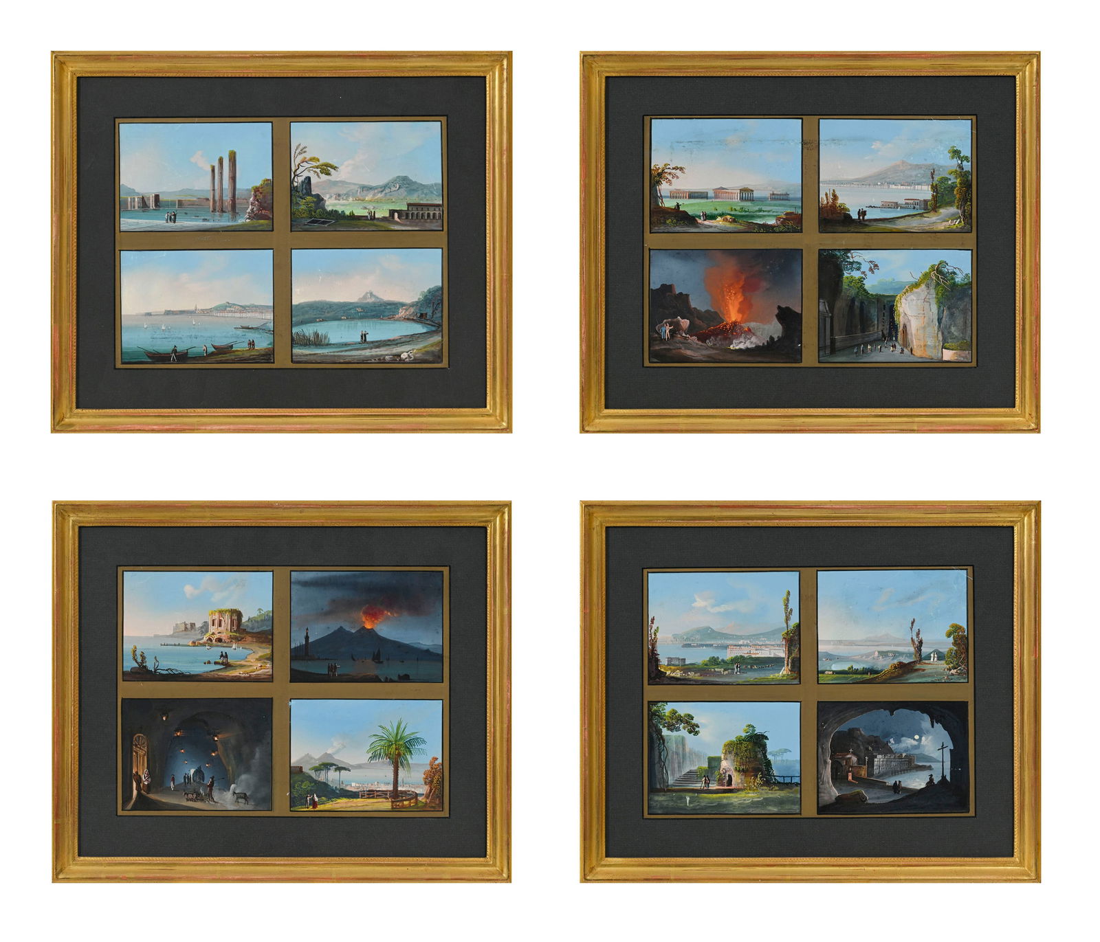 Ecole napolitaine du XIXe s., Naples et environs, suite de 16 gouaches sur papier réunies en 4 : Ecole napolitaine du XIXe s., Naples et environs, suite de 16 gouaches sur papier réunies en 4 encadrements, 19,5x25,5 cm (à vue, chaque) Provenance: Galerie Grand-Rue,