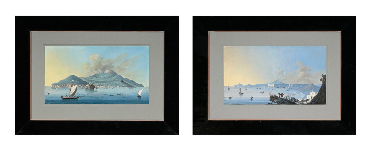 Ecole napolitaine de la fin du XVIIIe s., Isola d'Ischia et Il golfo di Baia, paire de gouaches sur : Ecole napolitaine de la fin du XVIIIe s., Isola d'Ischia et Il golfo di Baia, paire de gouaches sur papier, 24x42,5 et 24x43 cm Provenance: Galerie Grand-Rue, Genève 