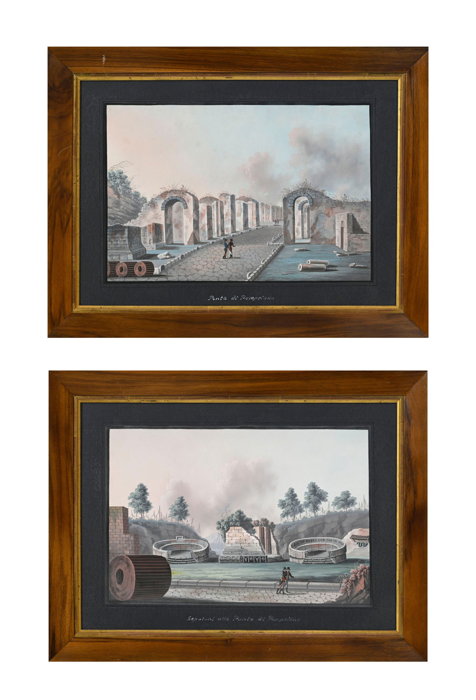Ecole napolitaine vers 1800, Vues de Pompéi, paire de gouache sur papier, titrées, 28,5x41: Ecole napolitaine vers 1800, Vues de Pompéi, paire de gouache sur papier, titrées, 28,5x41,5 cm (à vue, chaque) Aux versos: étiquettes de la Galerie Grand-Rue, Genève 