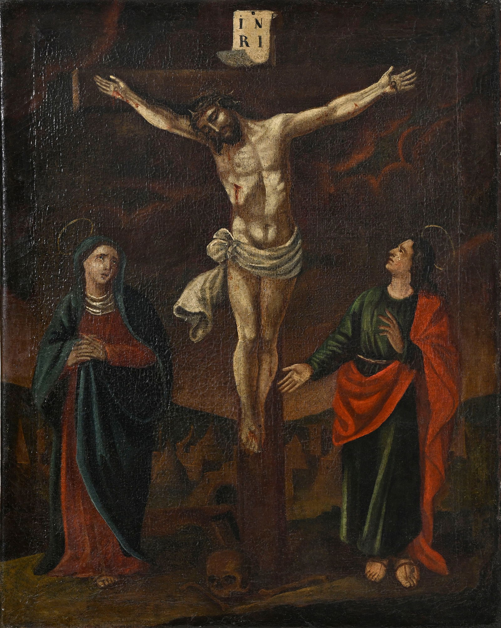 Ecole espagnole du XVIIIe s., Jésus sur la croix, huile sur toile, 76,5x61,5 cm: Ecole espagnole du XVIIIe s., Jésus sur la croix, huile sur toile, 76,5x61,5 cm ConditionRéseau de craquelures, toile renforcée sur les côtés, empiècements au verso 