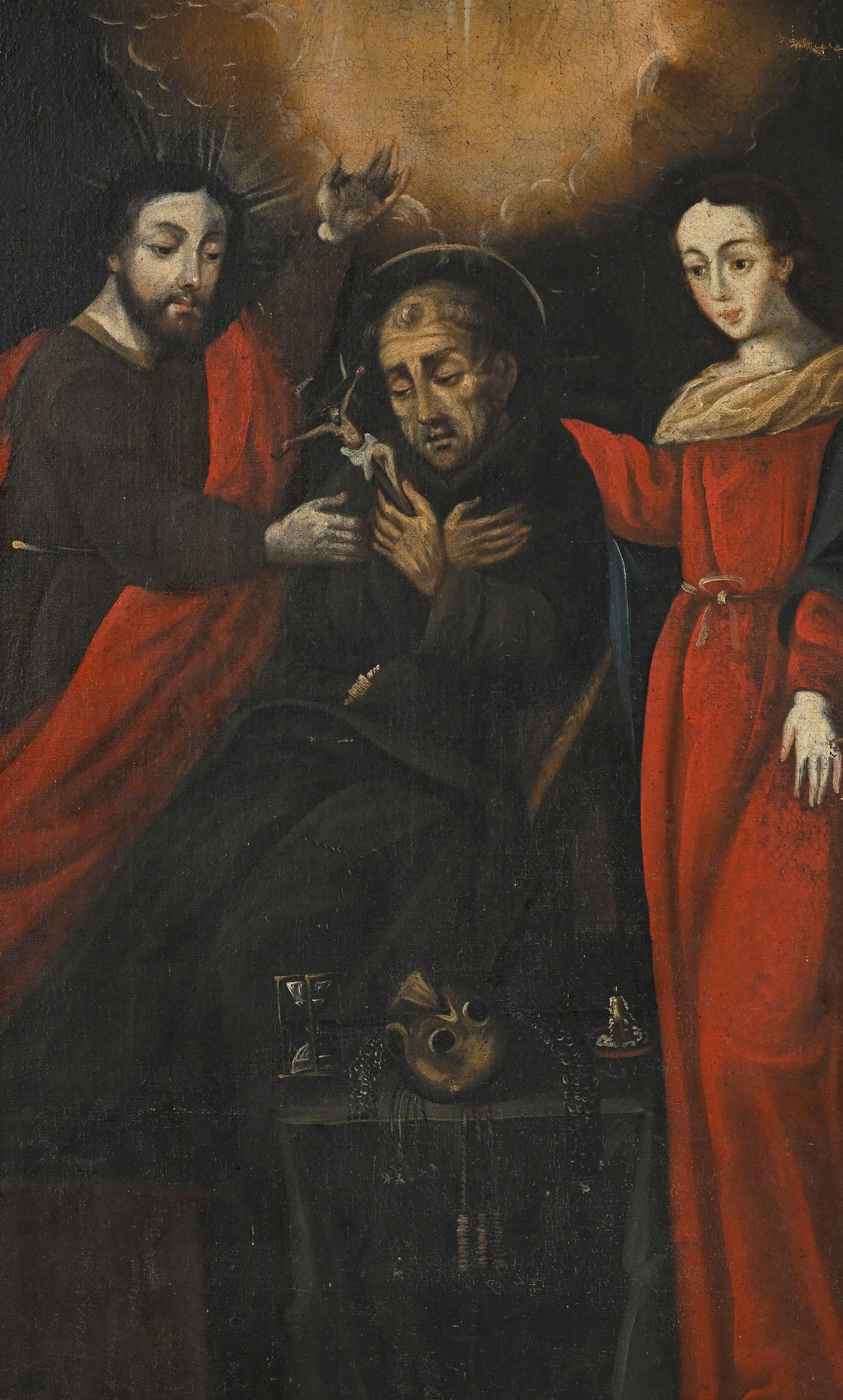 Ecole coloniale espagnole du XVIIIe s., Scène religieuse, huile sur toile, 100,5x61 cm: Ecole coloniale espagnole du XVIIIe s., Scène religieuse, huile sur toile, 100,5x61 cm ConditionTraces de restauration dans l'angle supérieur droit Craquelures 