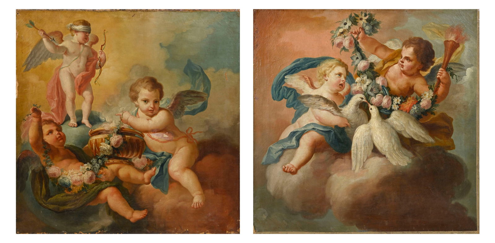 Ecole française du XVIIIe s, dans le goût., Scènes allégoriques avec putti, XIXe: Ecole française du XVIIIe s, dans le goût., Scènes allégoriques avec putti, XIXe, paire d’huiles sur toile, 94x94 cm (chaque) ConditionSur l'un: lacunes et présence