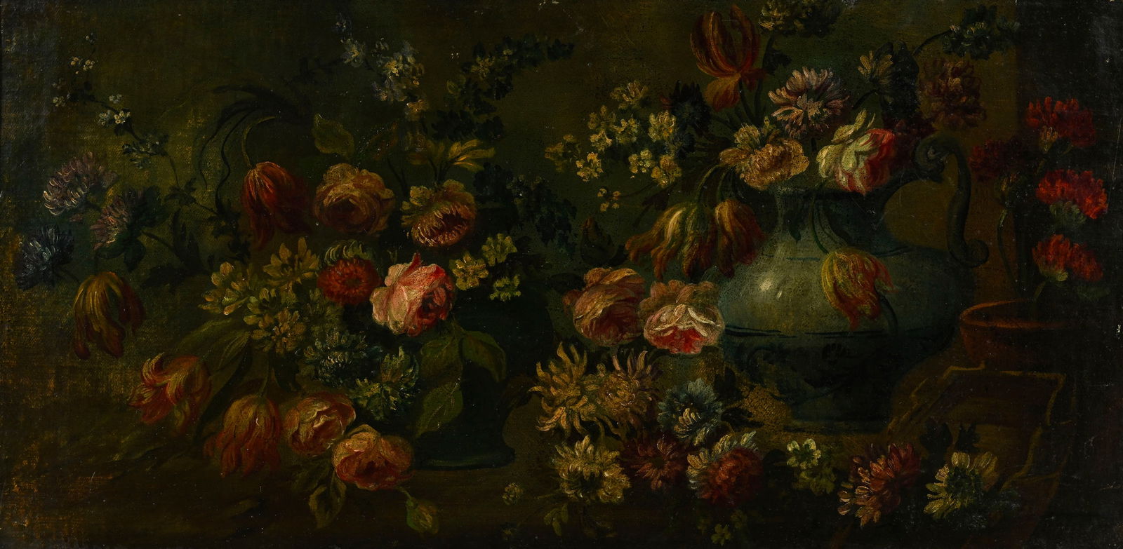 Ecole française vers 1800, Nature morte aux vases de fleurs, huile sur toile, 38x76 cm: Ecole française vers 1800, Nature morte aux vases de fleurs, huile sur toile, 38x76 cm 