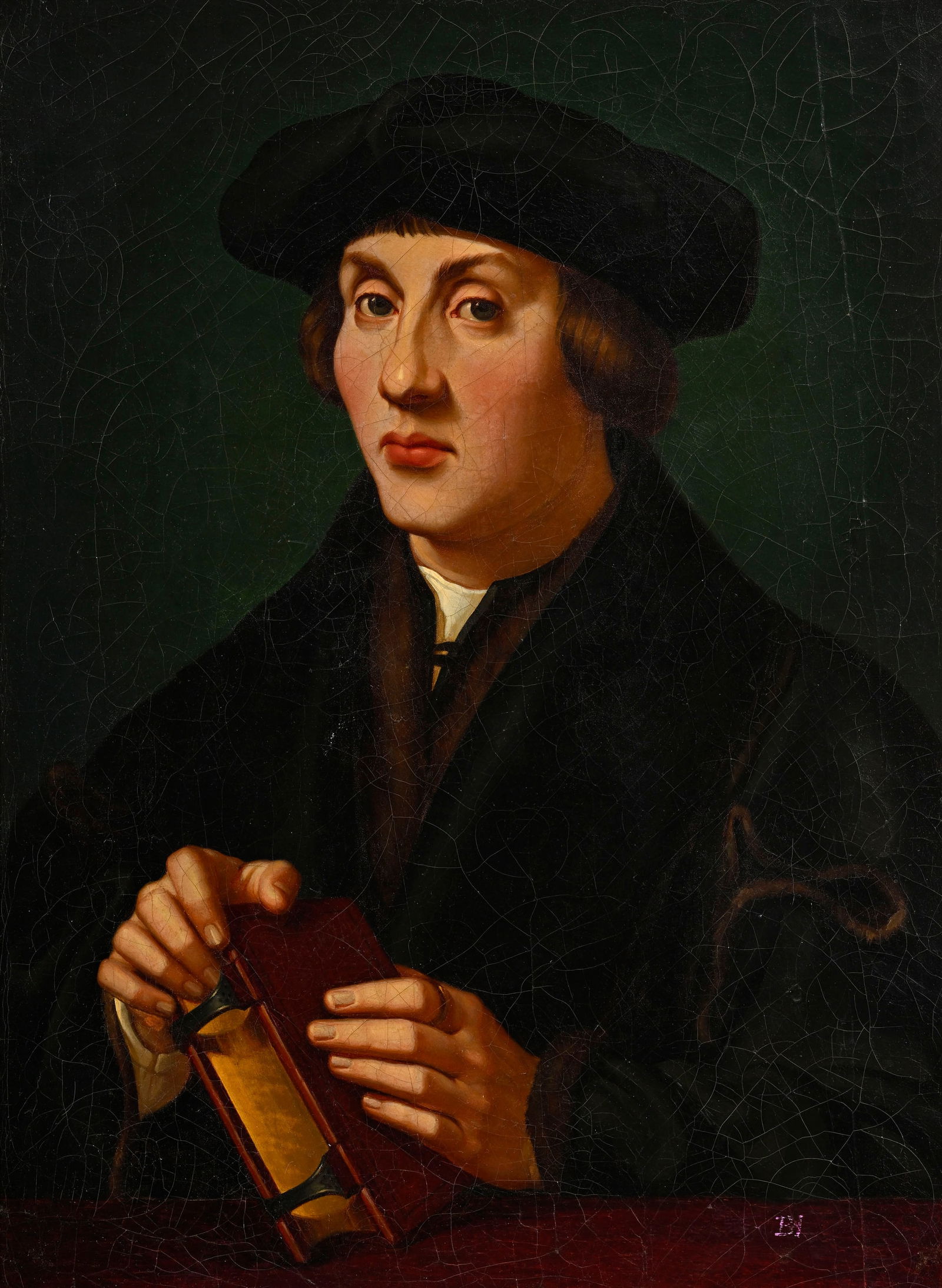 Jan Mabuse Gossart (c. 1478-1532), copie d'après, Portrait d’un érudit, XIXe., huile: Jan Mabuse Gossart (c. 1478-1532), copie d'après, Portrait d’un érudit, XIXe., huile sur toile, monogrammée, 46,5x34 cm ConditionRéseaux de craquelures 