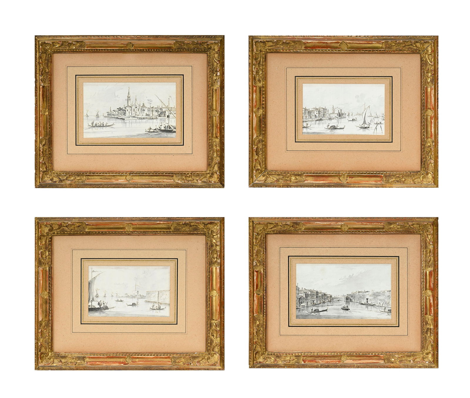 Giacomo Guardi (1764-1835), Vues de Venise, suite de 4 encres et lavis sur papier, signées et t: Giacomo Guardi (1764-1835), Vues de Venise, suite de 4 encres et lavis sur papier, signées et titrées au verso, de 10,5x17,5 à 11,5x21 cm (à vue, chaque) "Veduta dell'Isola Beata