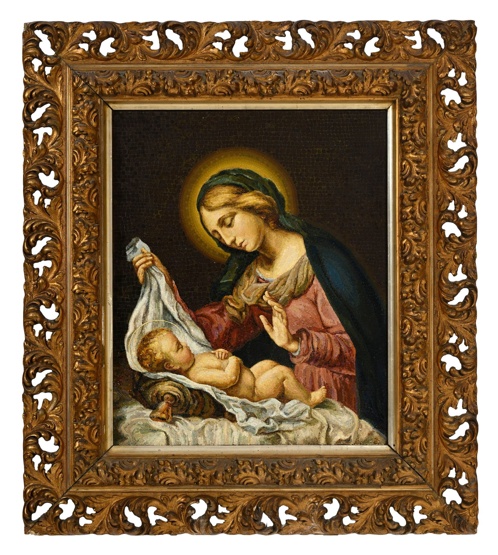 Ludovico Lucietto (XX), "Madonna di C. Dolci", micro-mosaïque sur panneau, 63,5x52,5 cm Au ver - 2