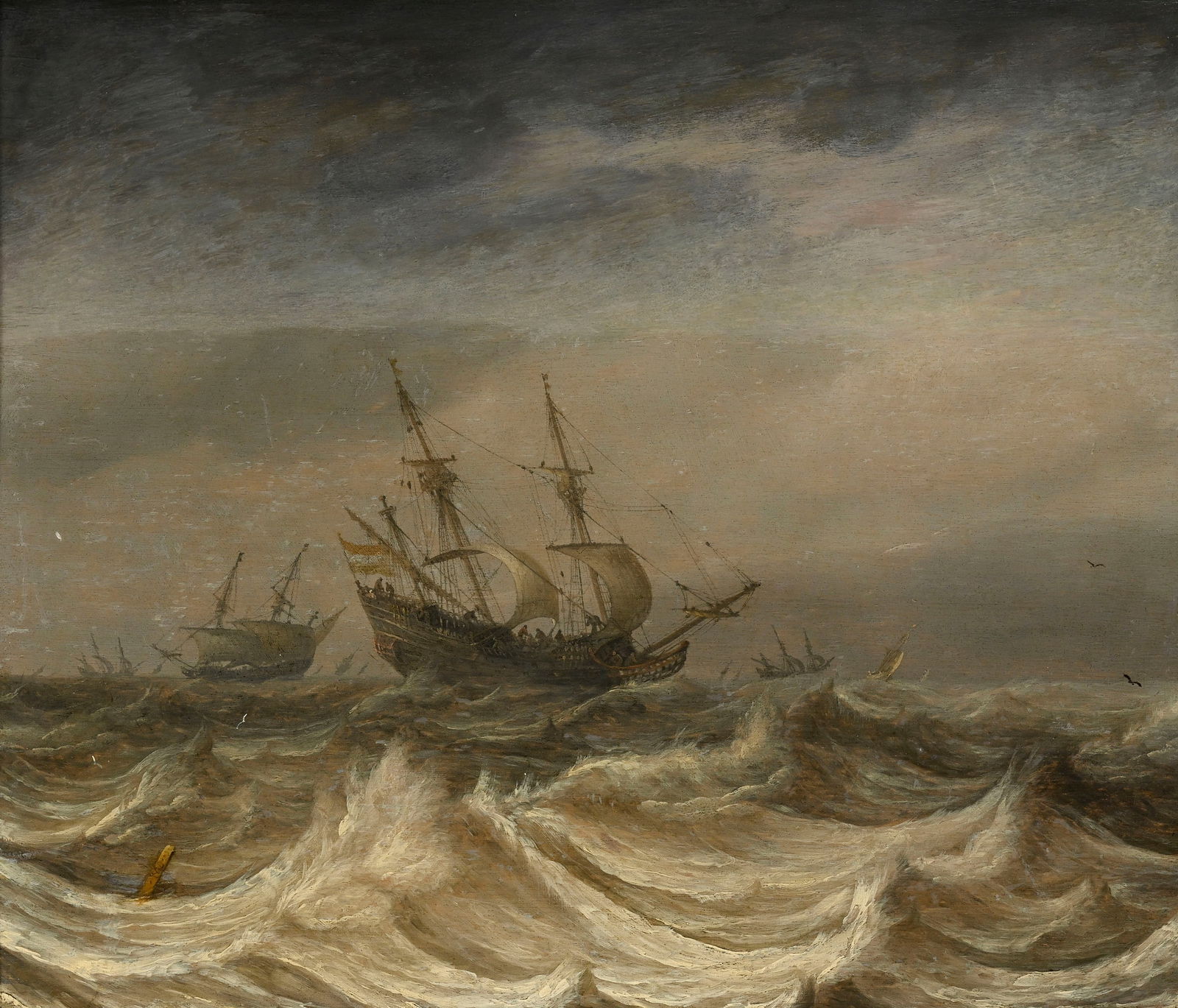 Pieter I Mulier (1615-1670), "Trois-mâts et autres navires naviguant dans des eaux agitées: Pieter I Mulier (1615-1670), "Trois-mâts et autres navires naviguant dans des eaux agitées par temps nuageux", huile sur panneau, monogrammée, 39x46 cm Provenance: Christie's, Amsterdam