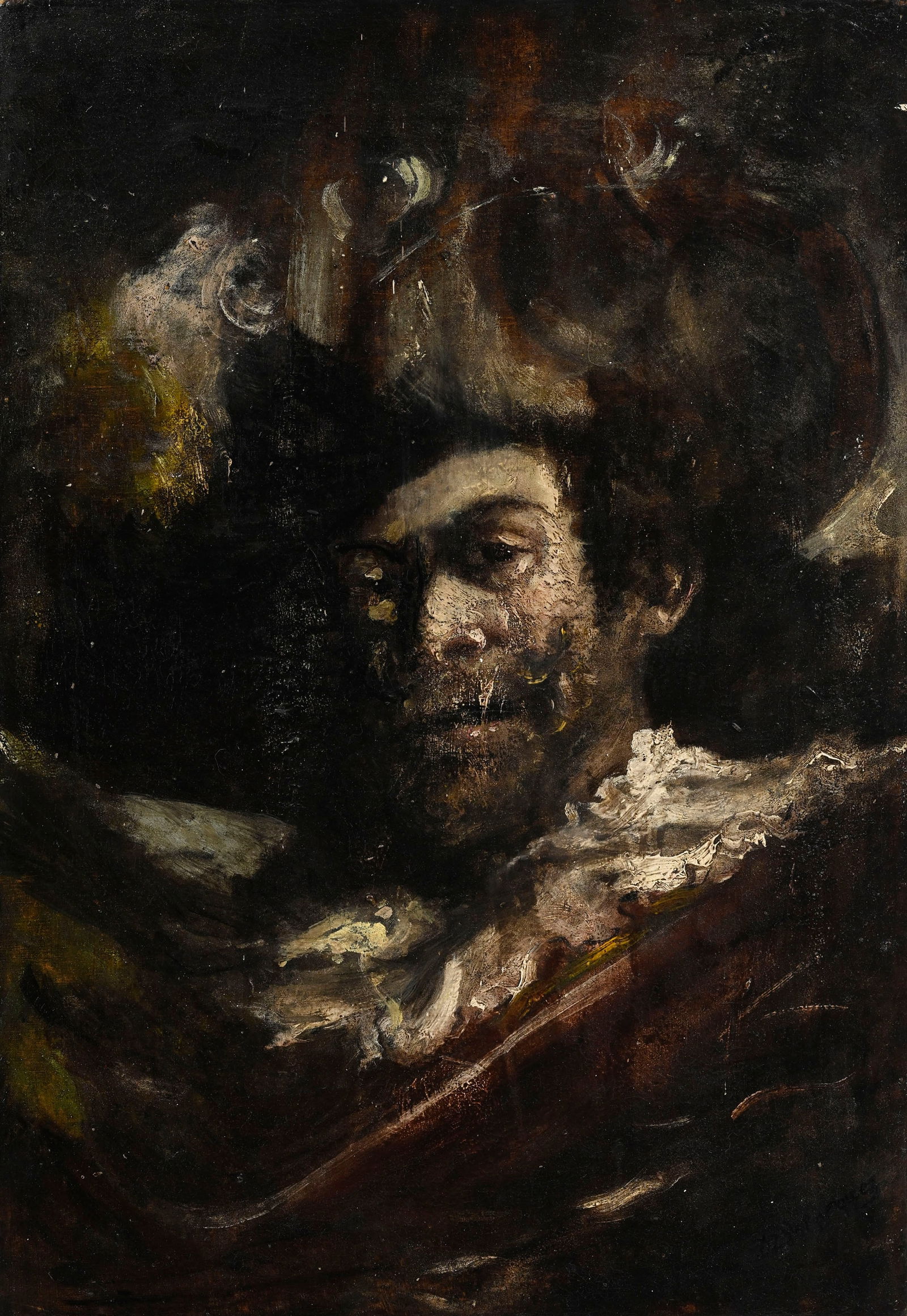 Rembrandt (1606-1669), dans le goût de, Etude de porte-étendard, XIXe, huile sur toile, in: Rembrandt (1606-1669), dans le goût de, Etude de porte-étendard, XIXe, huile sur toile, inscrit "Diego Velasquez", 56x39 cm 