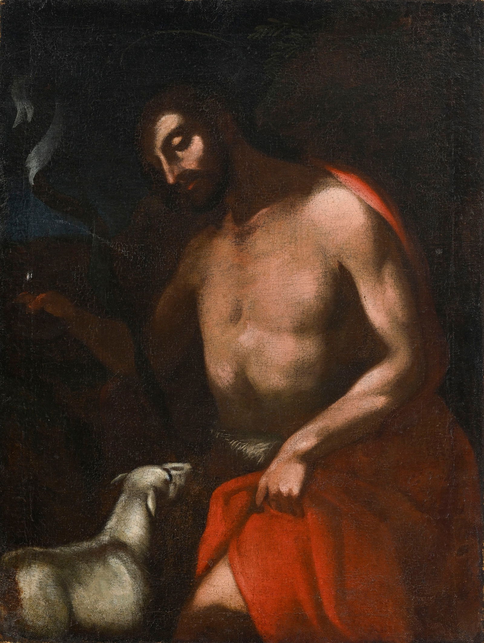 Guido Reni (1575-1642), école de, Saint-Jean Baptiste, XVIIe, huile sur toile, 72x54,5 cm: Guido Reni (1575-1642), école de, Saint-Jean Baptiste, XVIIe, huile sur toile, 72x54,5 cm ConditionPrésence d'une marque d'impact dans la bordure latérale gauche 