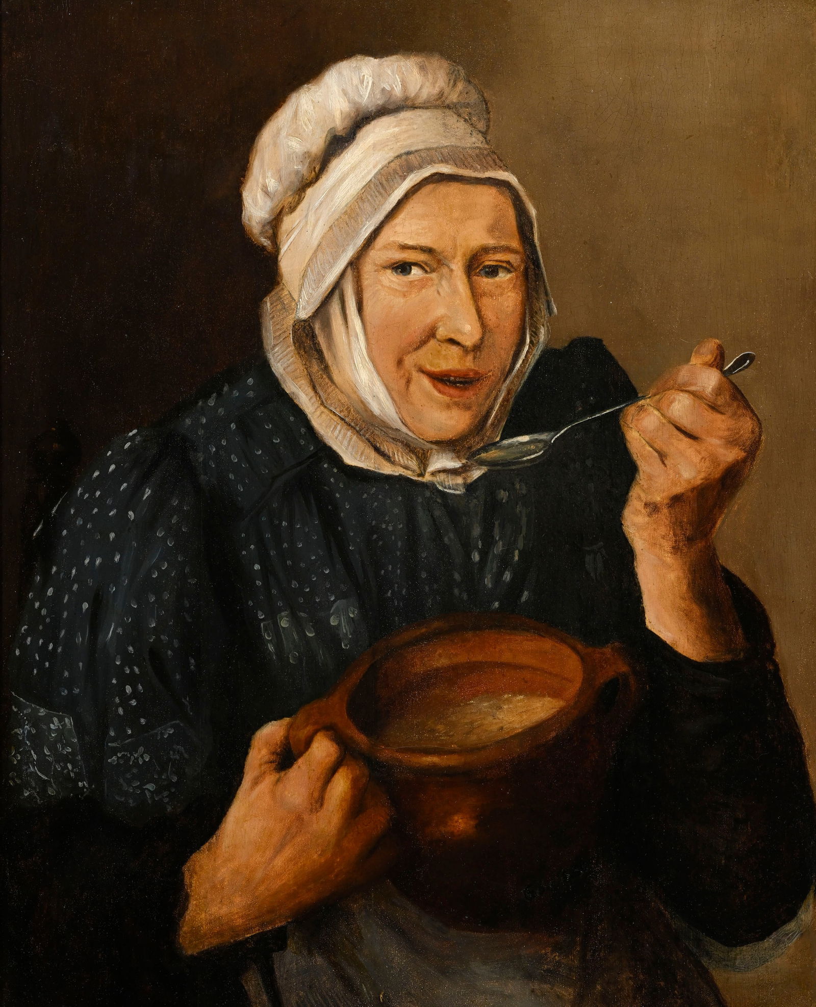 Adriaen van Ostade (1610-1685), suiveur de, La mangeuse de soupe, XIX-XXe, huile sur panneau, 59x45,: Adriaen van Ostade (1610-1685), suiveur de, La mangeuse de soupe, XIX-XXe, huile sur panneau, 59x45,5 cm ConditionLe panneau est parqueté 