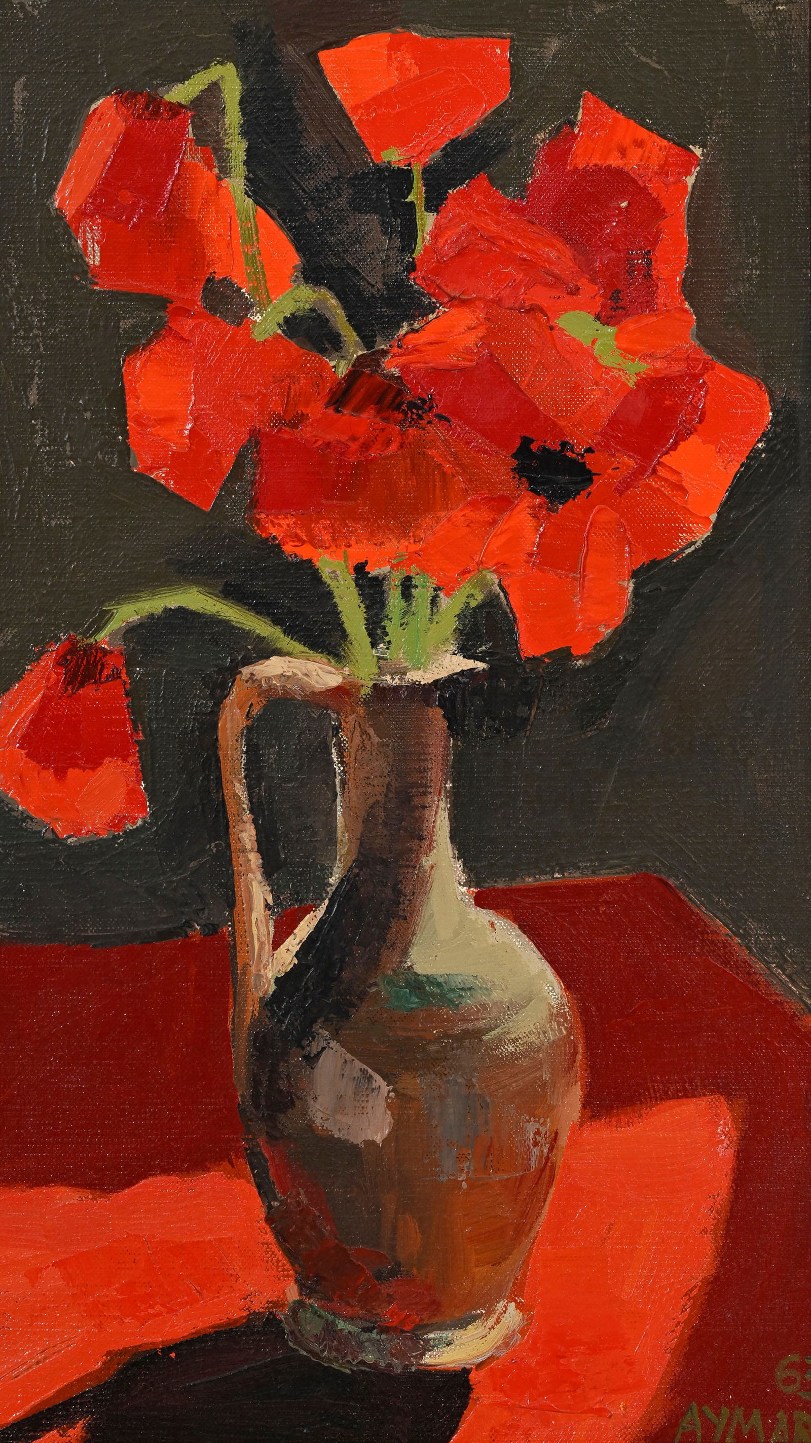 Pierre Louis Aymar (1926-2004), "Pavots", 1963, huile sur toile, signée et datée, 41,5x24,: Pierre Louis Aymar (1926-2004), "Pavots", 1963, huile sur toile, signée et datée, 41,5x24,5 cm Au verso: étiquettes de l'artiste, no. 151