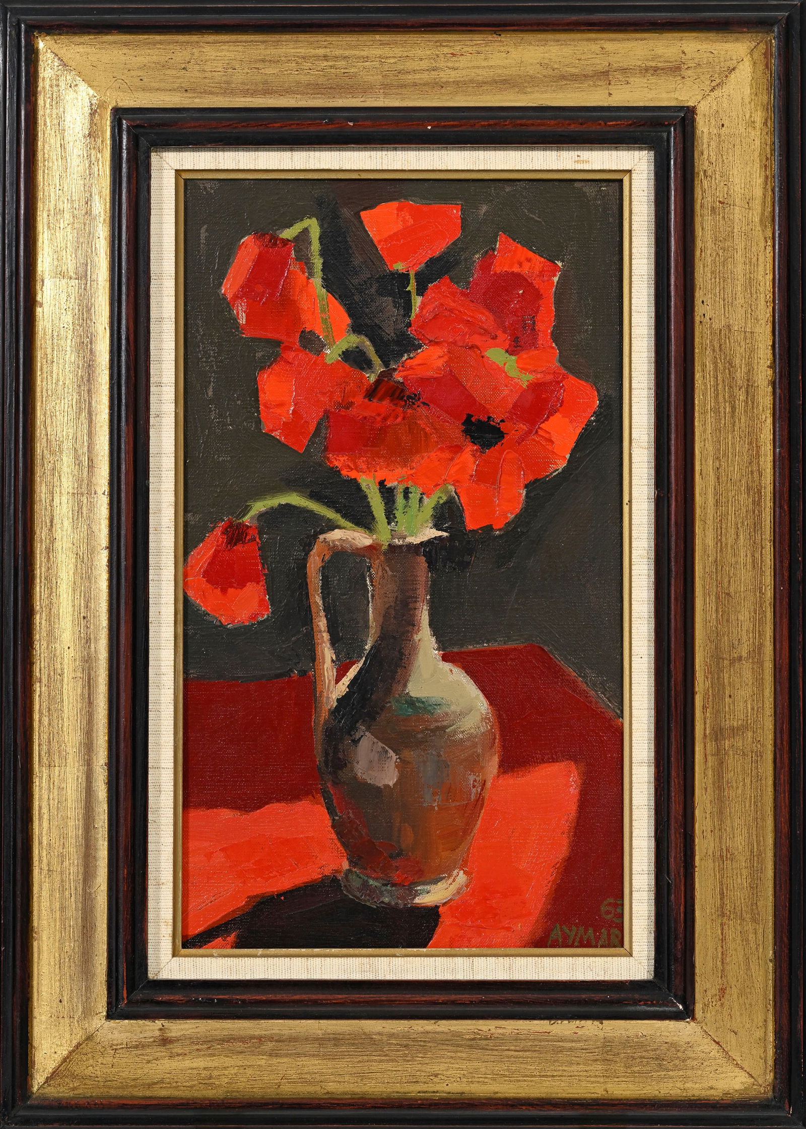 Pierre Louis Aymar (1926-2004), "Pavots", 1963, huile sur toile, signée et datée, 41,5x24, - 2