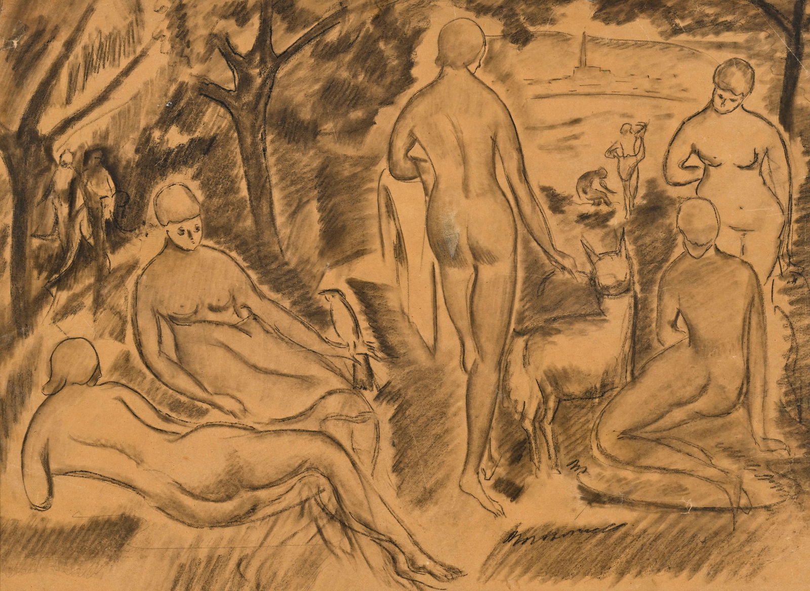 Alice Bailly (1872-1938), Baigneuses à l'oiseau, fusain et estompe sur papier, 36x49,5 cm (: Alice Bailly (1872-1938), Baigneuses à l'oiseau, fusain et estompe sur papier, 36x49,5 cm (à vue) Au verso: tampon de la Fondation Alice Bailly ConditionOxydation de la feuille Marques de