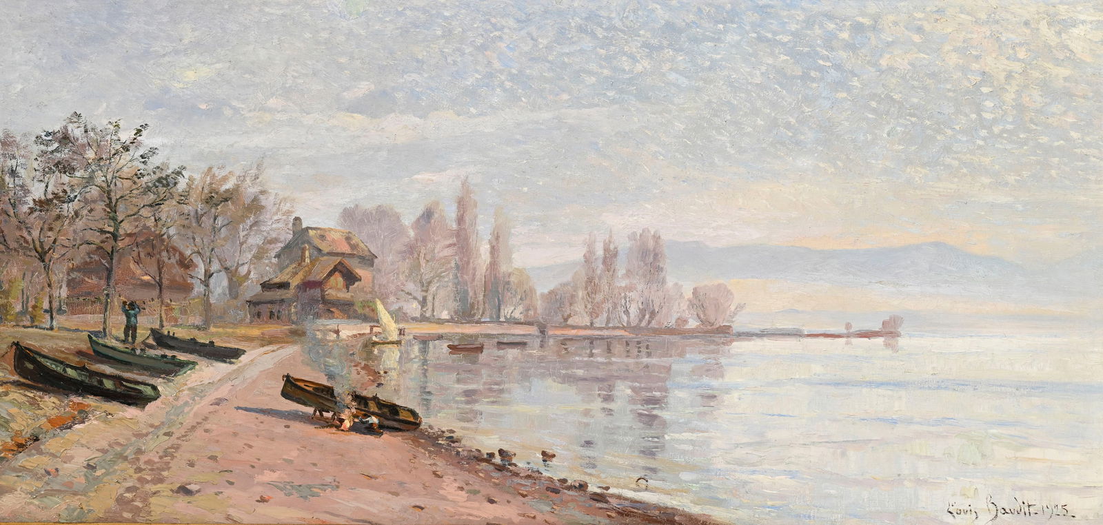 Louis Amédée Baudit (1870-1960), Creux de Genthod, 1925, huile sur toile, signée et d: Louis Amédée Baudit (1870-1960), Creux de Genthod, 1925, huile sur toile, signée et datée, monogrammée et contredatée au verso, 46x96 cm Provenance: Collection Louis