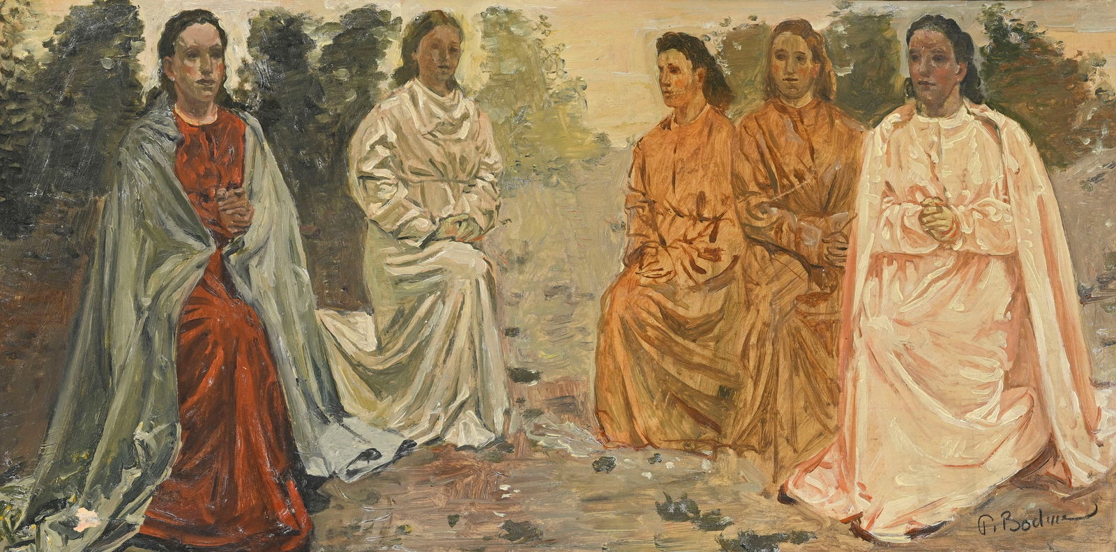 Paul Bodmer (1886-1983), Cinq femmes en prière, huile sur carton, signée, 20x39,5 cm (: Paul Bodmer (1886-1983), Cinq femmes en prière, huile sur carton, signée, 20x39,5 cm (à vue) 