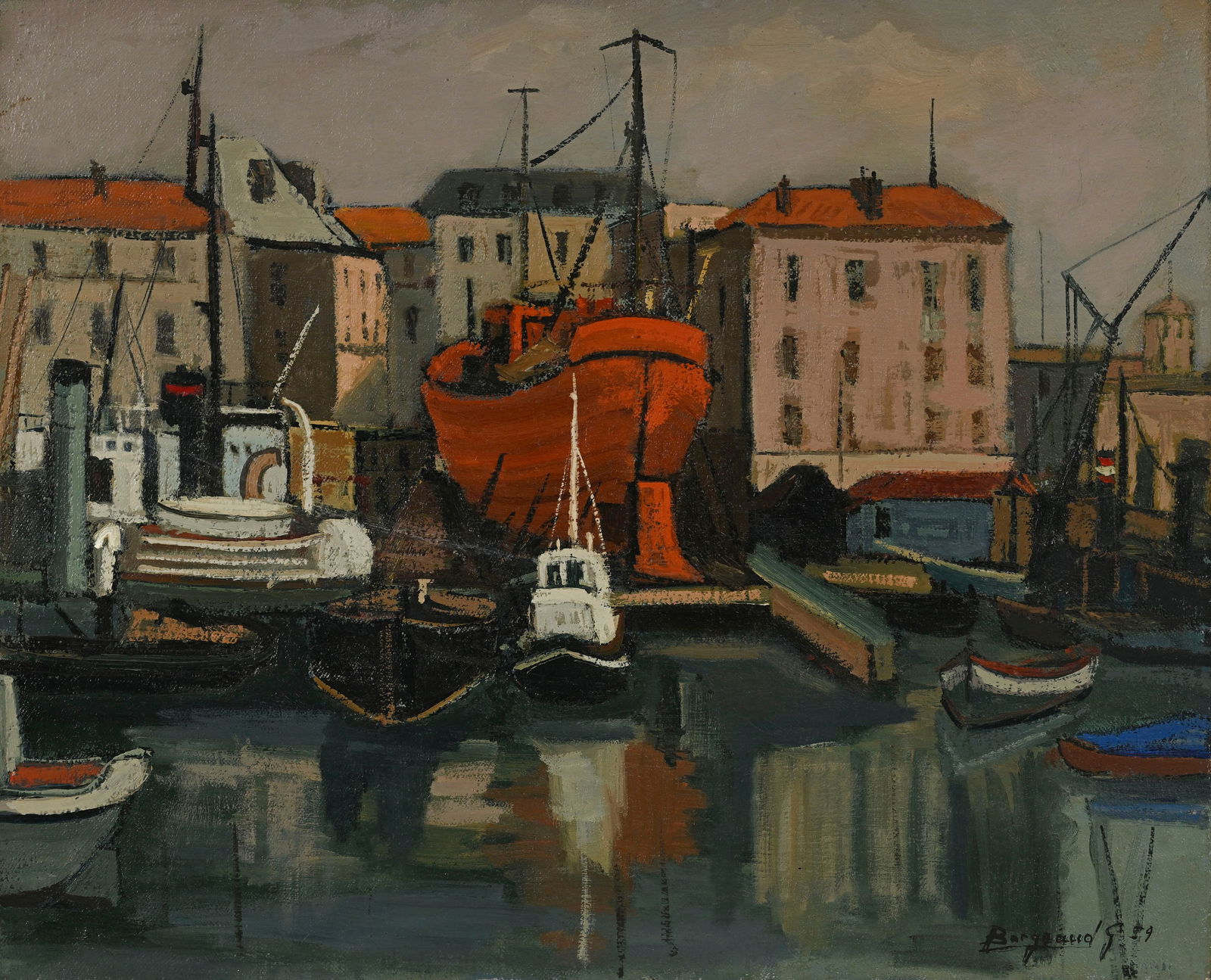 Georges Borgeaud (1914-1998), "Port de Savone", 1959, huile sur toile, signée et datée, 50: Georges Borgeaud (1914-1998), "Port de Savone", 1959, huile sur toile, signée et datée, 50,5x61 cm 