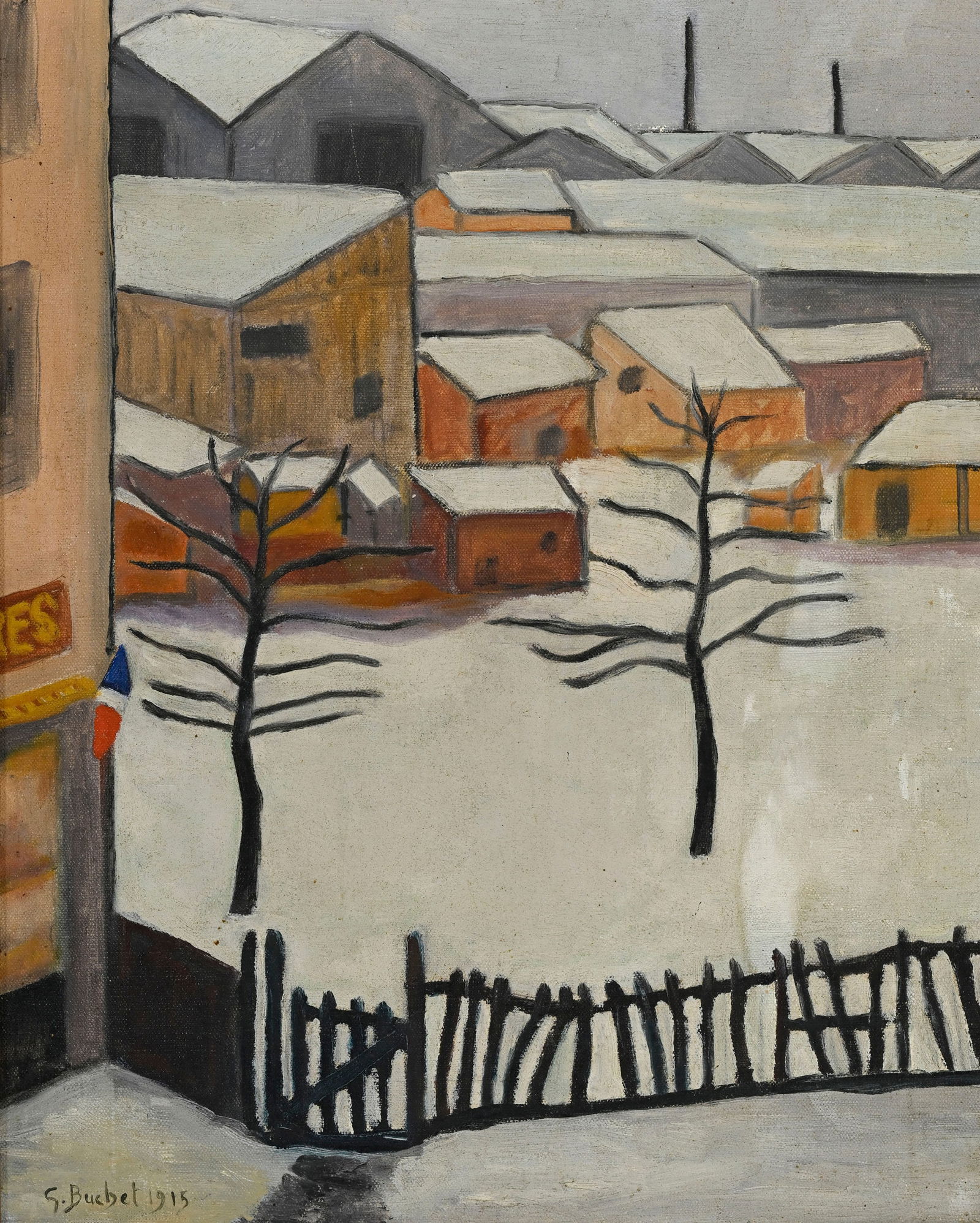 Gustave Buchet (1888-1963), Maisons sous la neige, 1915, huile sur toile, signée et datée,: Gustave Buchet (1888-1963), Maisons sous la neige, 1915, huile sur toile, signée et datée, 41x33 cm 