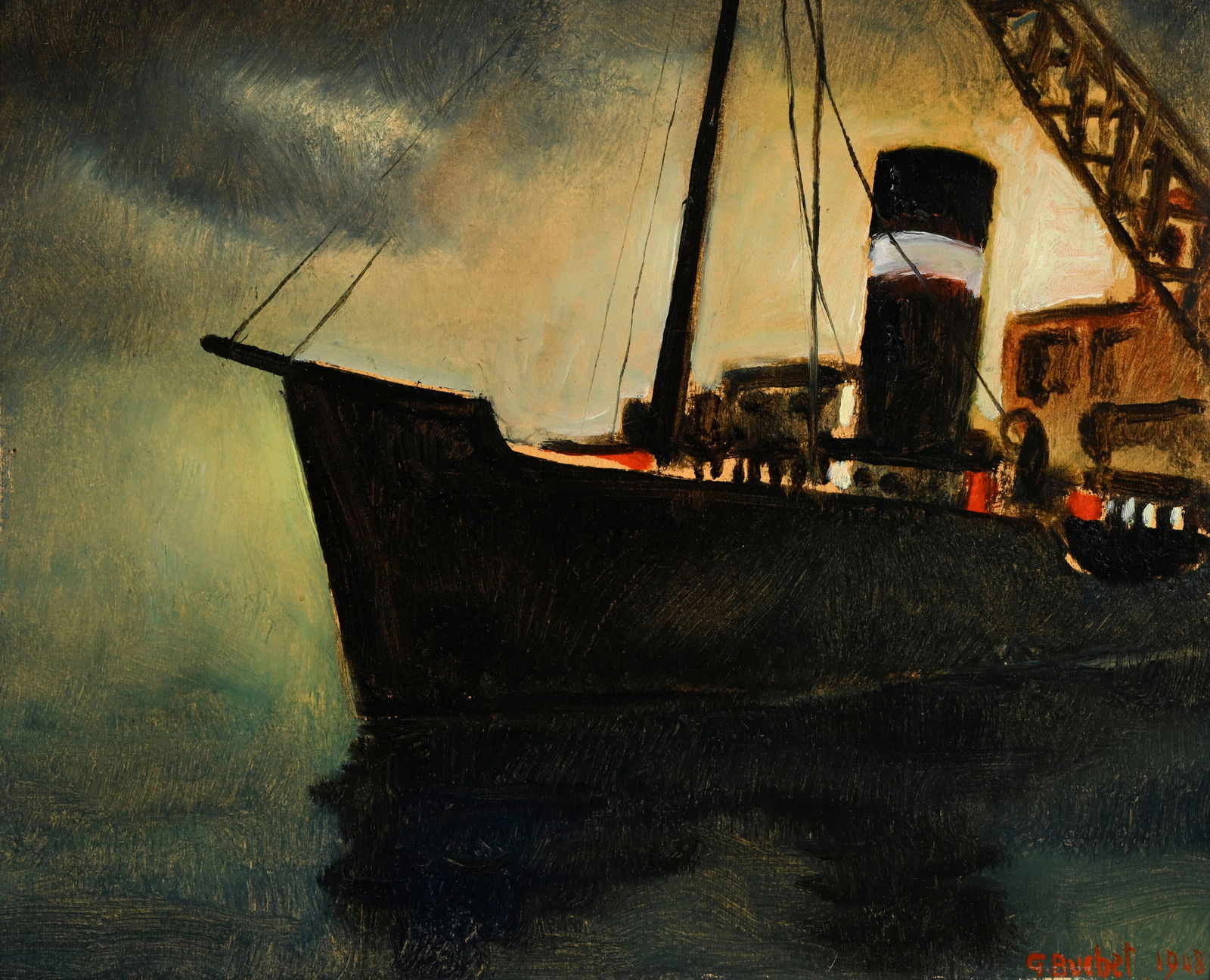 Gustave Buchet (1888-1963), Bateau à vapeur, 1948, huile sur carton, signée et datée,: Gustave Buchet (1888-1963), Bateau à vapeur, 1948, huile sur carton, signée et datée, 22x27 cm ConditionTraces de frottements dans la bordure inférieure dues à l'encadrement,