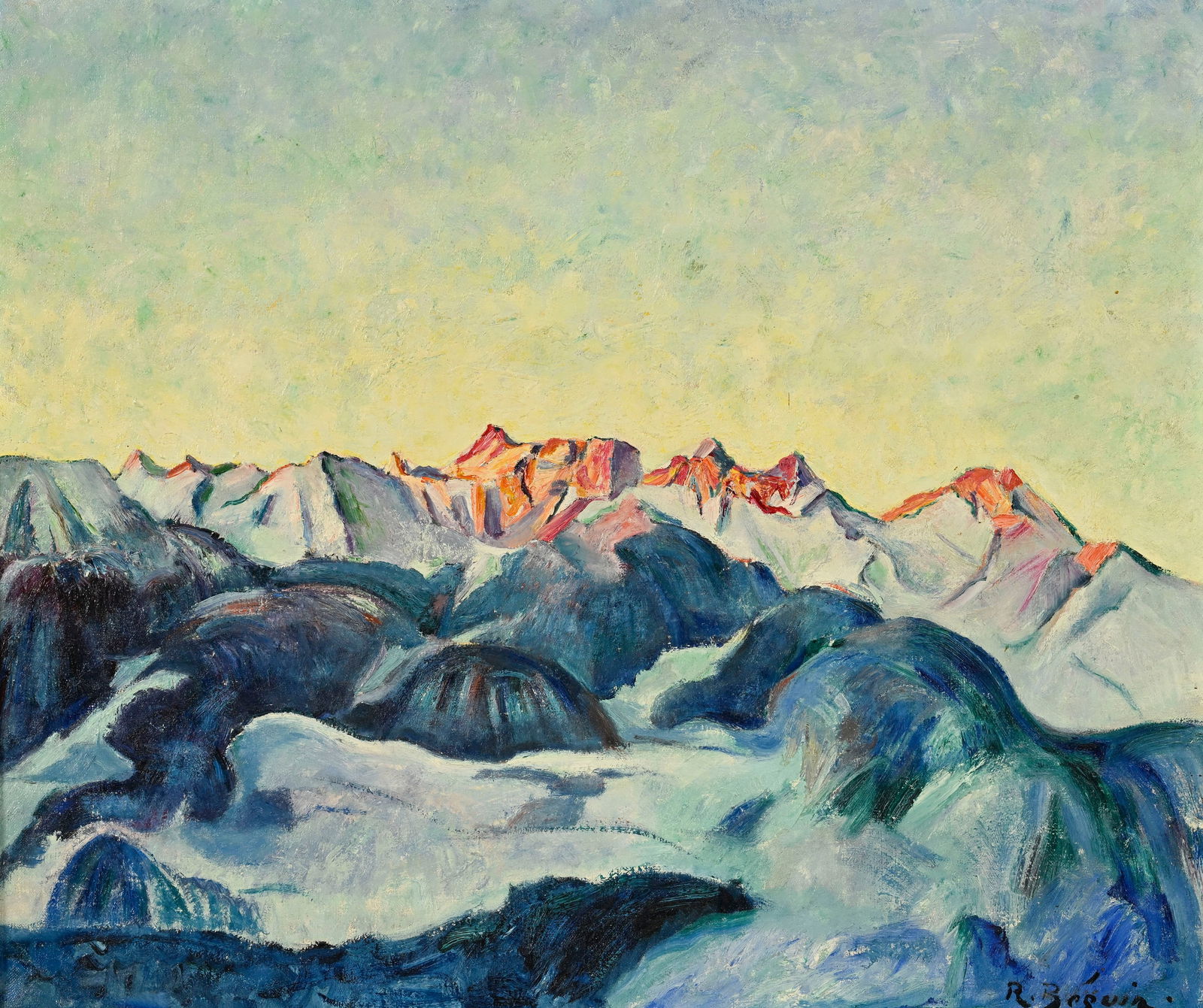 René Béguin (1892-1947), Coucher de soleil sur les Alpes, détrempe sur toile, sign: René Béguin (1892-1947), Coucher de soleil sur les Alpes, détrempe sur toile, signée, 62x71,5 cm 