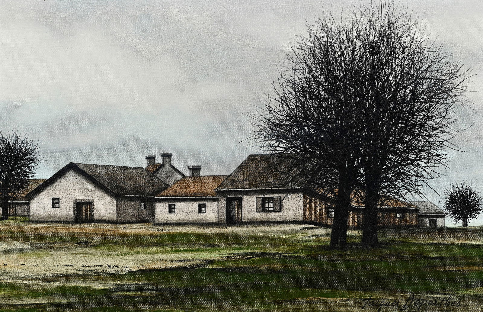 Jacques Deperthe (1936), Hameau, 1977, huile sur toile, signée, contresignée, datée e: Jacques Deperthe (1936), Hameau, 1977, huile sur toile, signée, contresignée, datée et située "Pleneuf" au verso, 27x41,5 cm