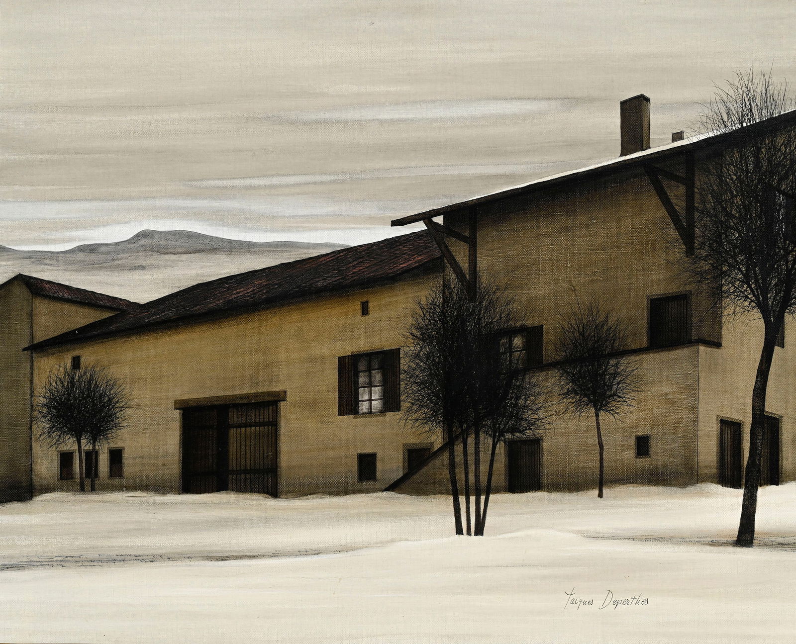 Jacques Deperthes (1936), Maison de campagne sous la neige, huile sur toile, signée, dédic: Jacques Deperthes (1936), Maison de campagne sous la neige, huile sur toile, signée, dédicacée au verso, 65,5x81 cm