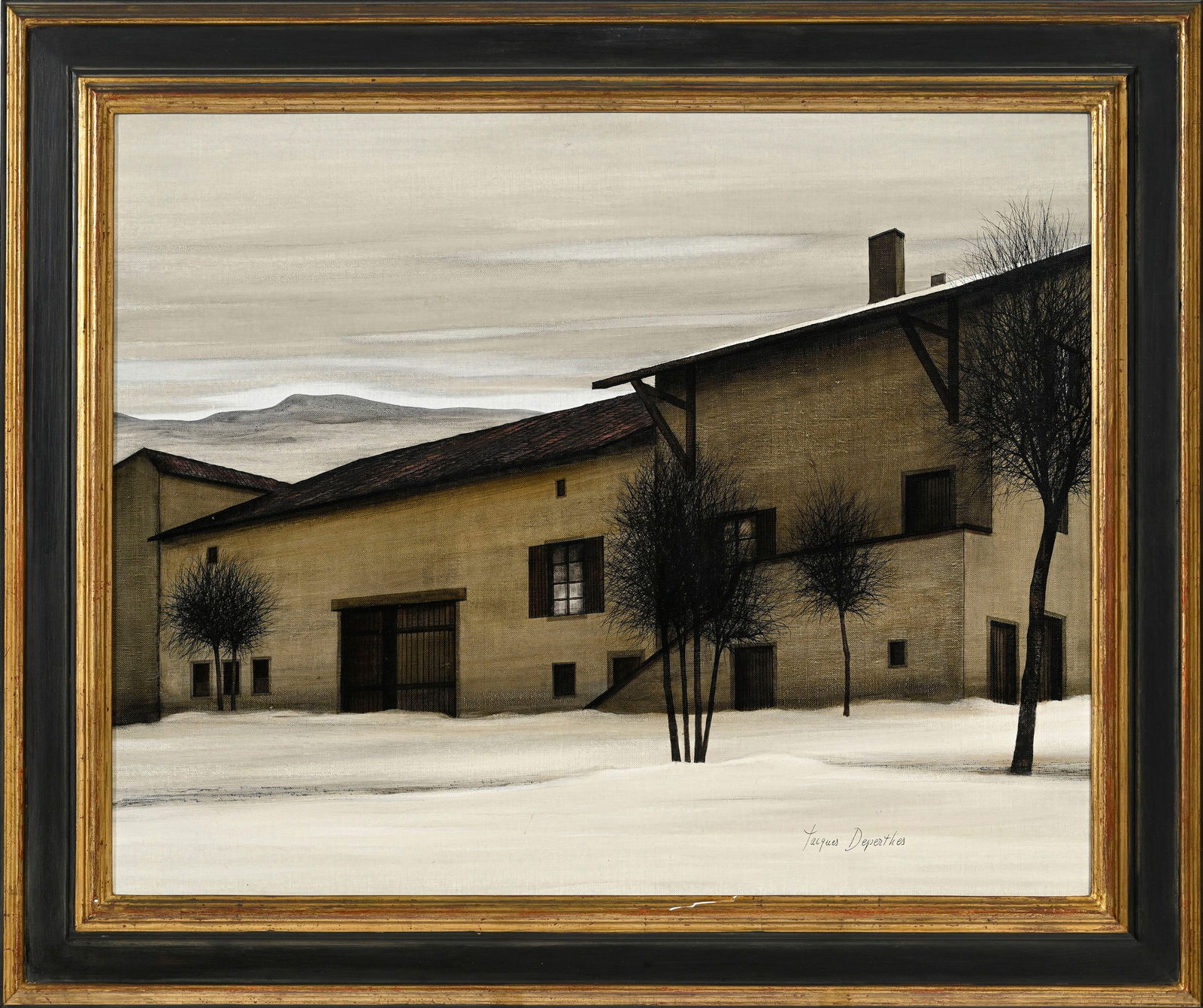 Jacques Deperthes (1936), Maison de campagne sous la neige, huile sur toile, signée, dédic - 2