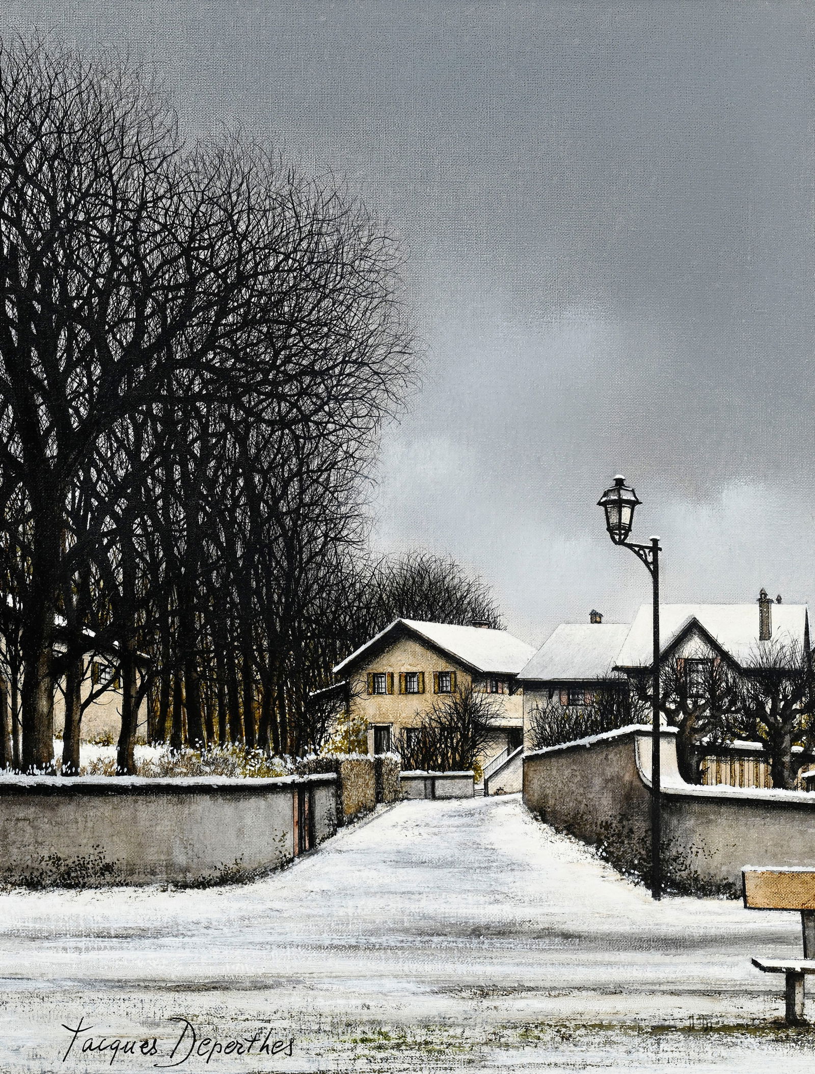 Jacques Deperthes (1936), Rue de village, huile sur toile, signée, contresignée et situ: Jacques Deperthes (1936), Rue de village, huile sur toile, signée, contresignée et située "Hermance" au verso, 35x27,5 cm 