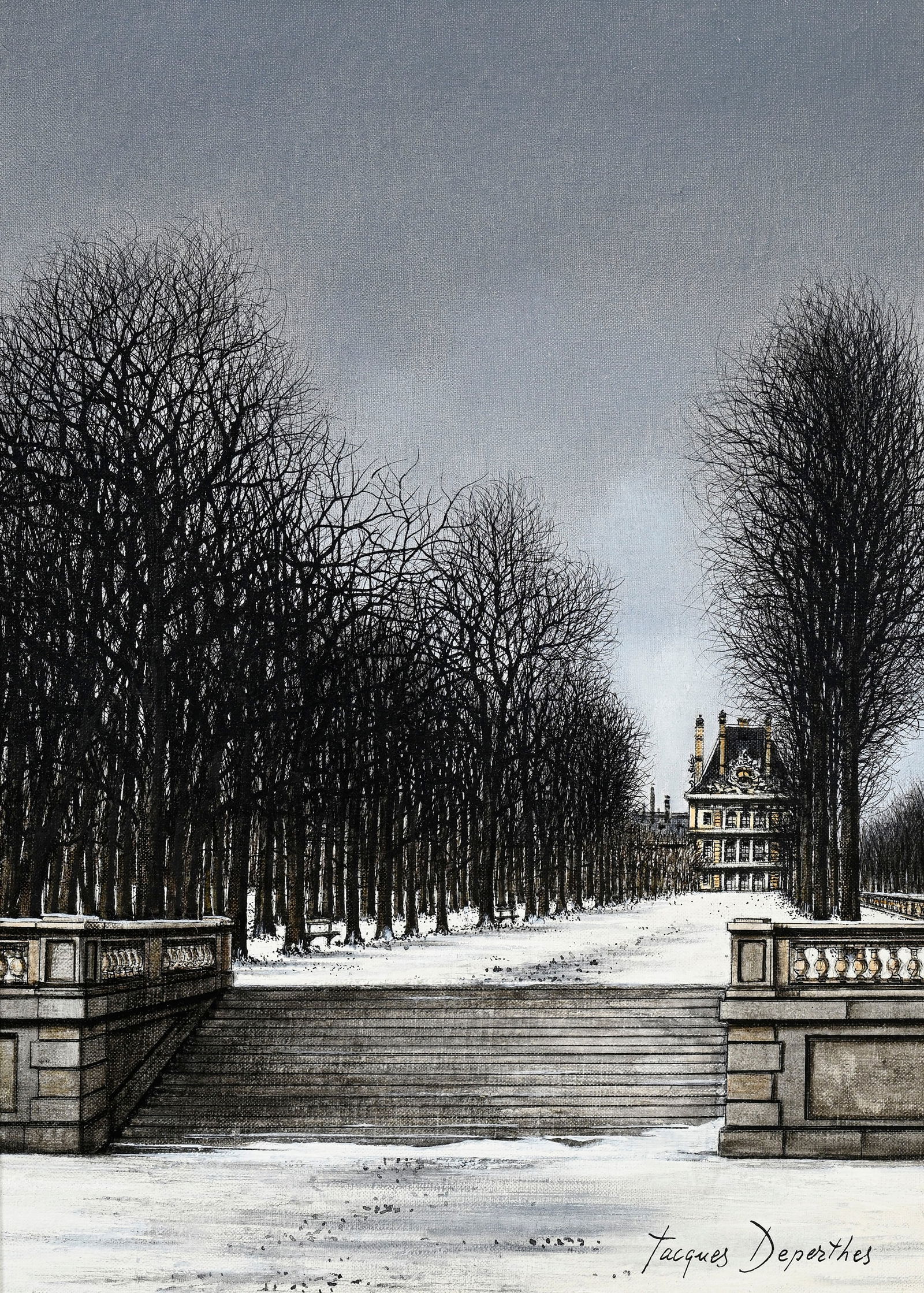 Jacques Deperthes (1936), "Le jardin des Tuileries et le Louvre", huile sur toile, signée, cont: Jacques Deperthes (1936), "Le jardin des Tuileries et le Louvre", huile sur toile, signée, contresignée, titrée et située "Paris" au verso, 33x24,5 cm 