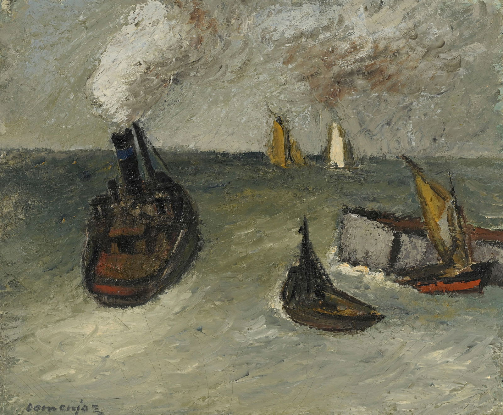 Raoul Domenjoz (1896-1978), "Marine", huile sur pavatex, signée, 46x55 cm Au verso: é: Raoul Domenjoz (1896-1978), "Marine", huile sur pavatex, signée, 46x55 cm Au verso: étiquette de la Galerie Paul Vallotton, Lausanne, réf. 73'943 